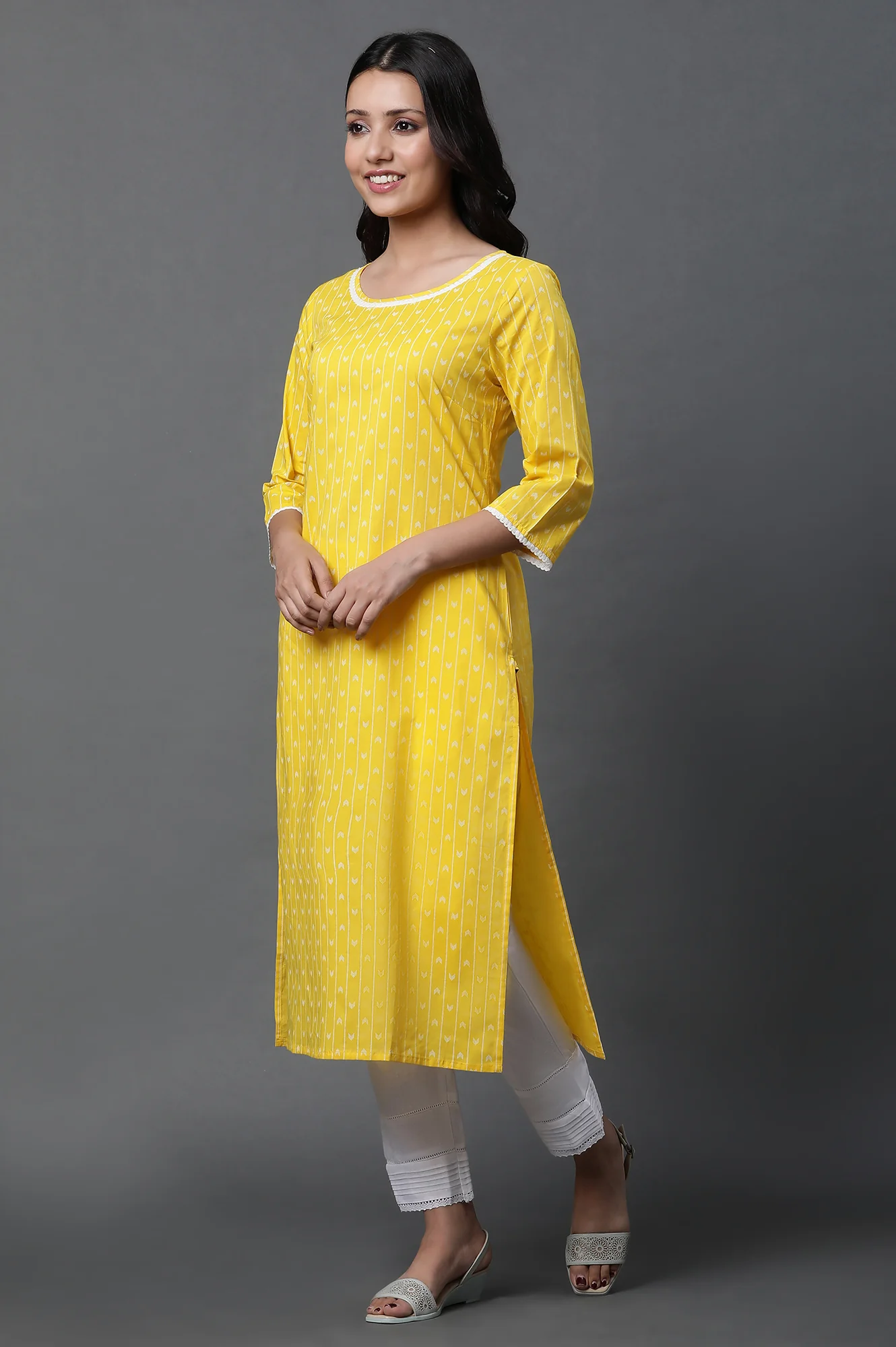 Yellow Printed Kurta, Trousers and Dupatta Set - Image 5