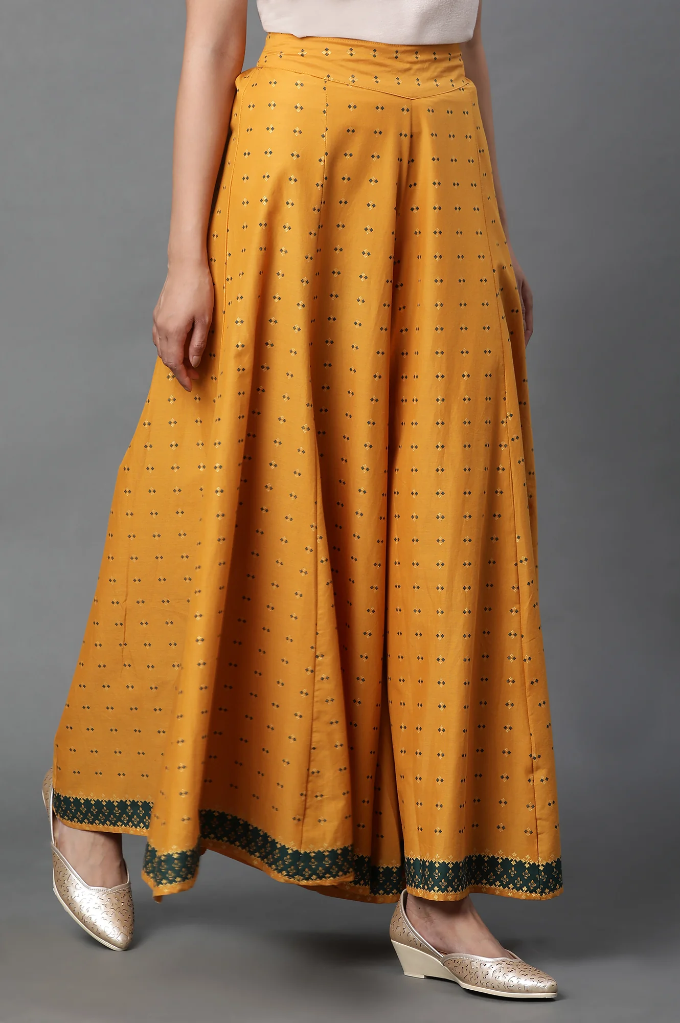 Yellow Printed Semi-Flared Palazzo Pants - Image 4