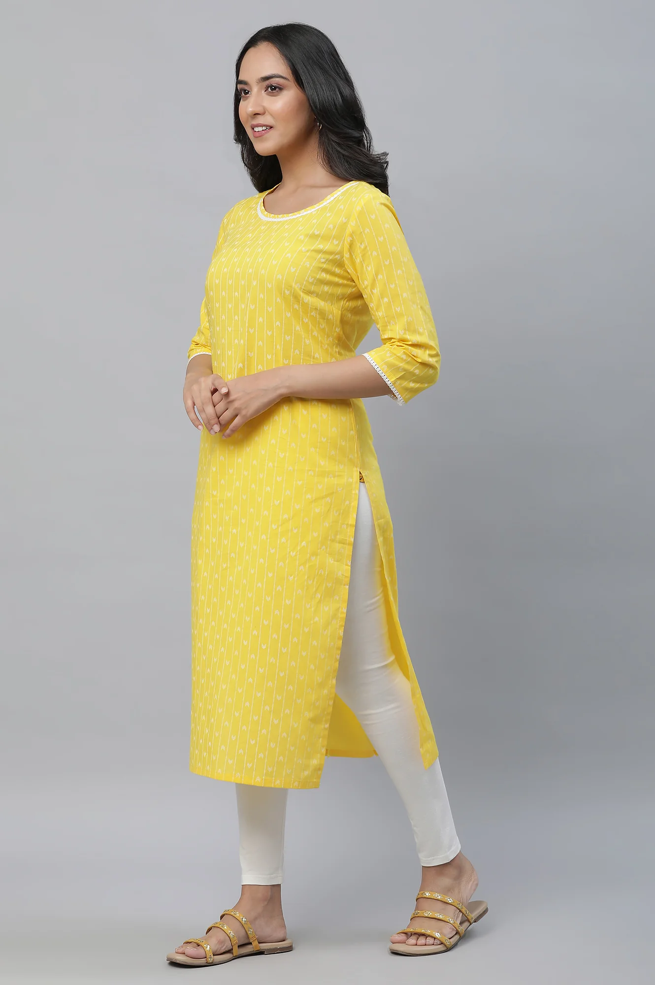 Yellow Printed Straight Kurta - Image 3