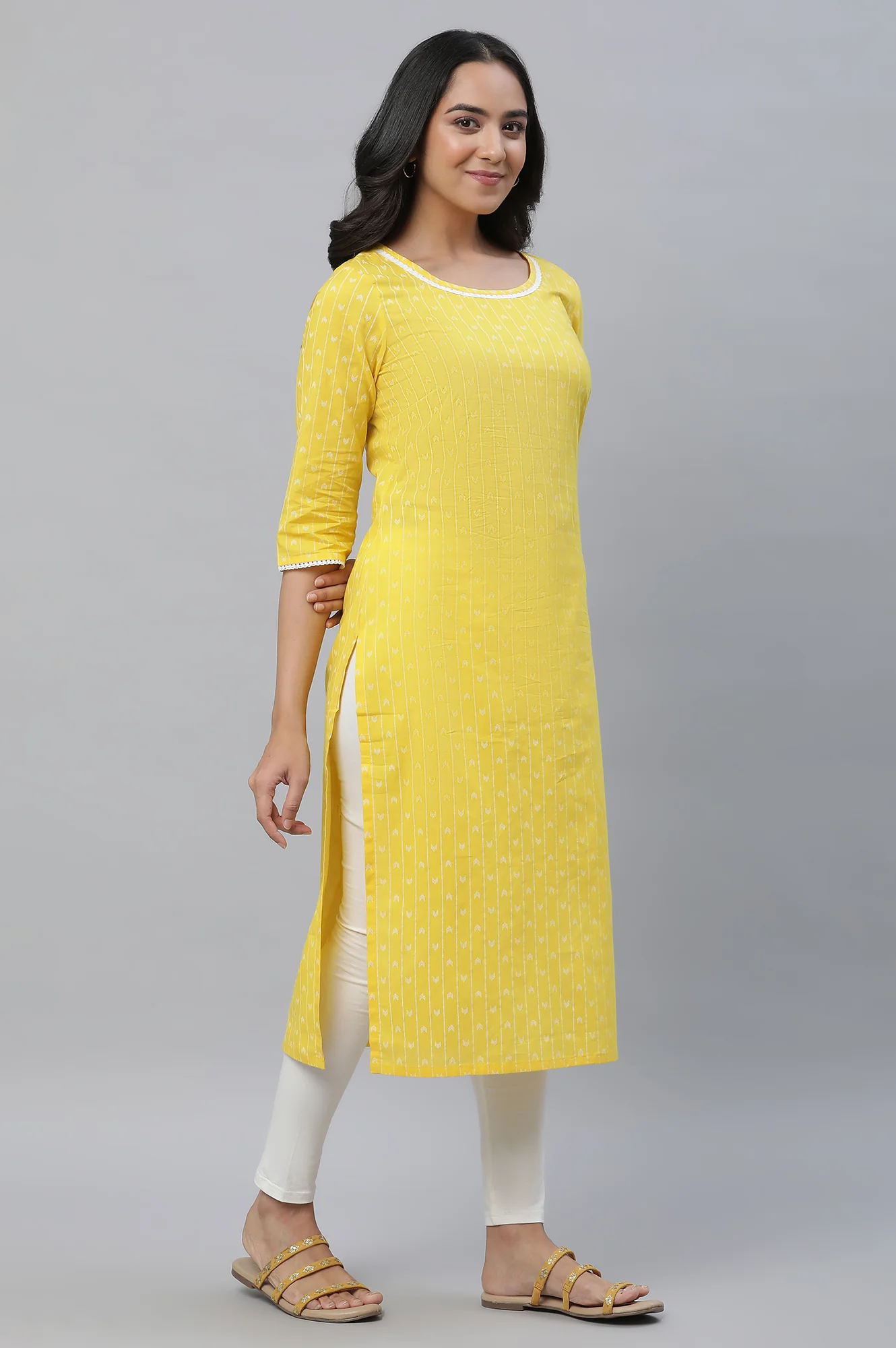 Yellow Printed Straight Kurta - Image 5