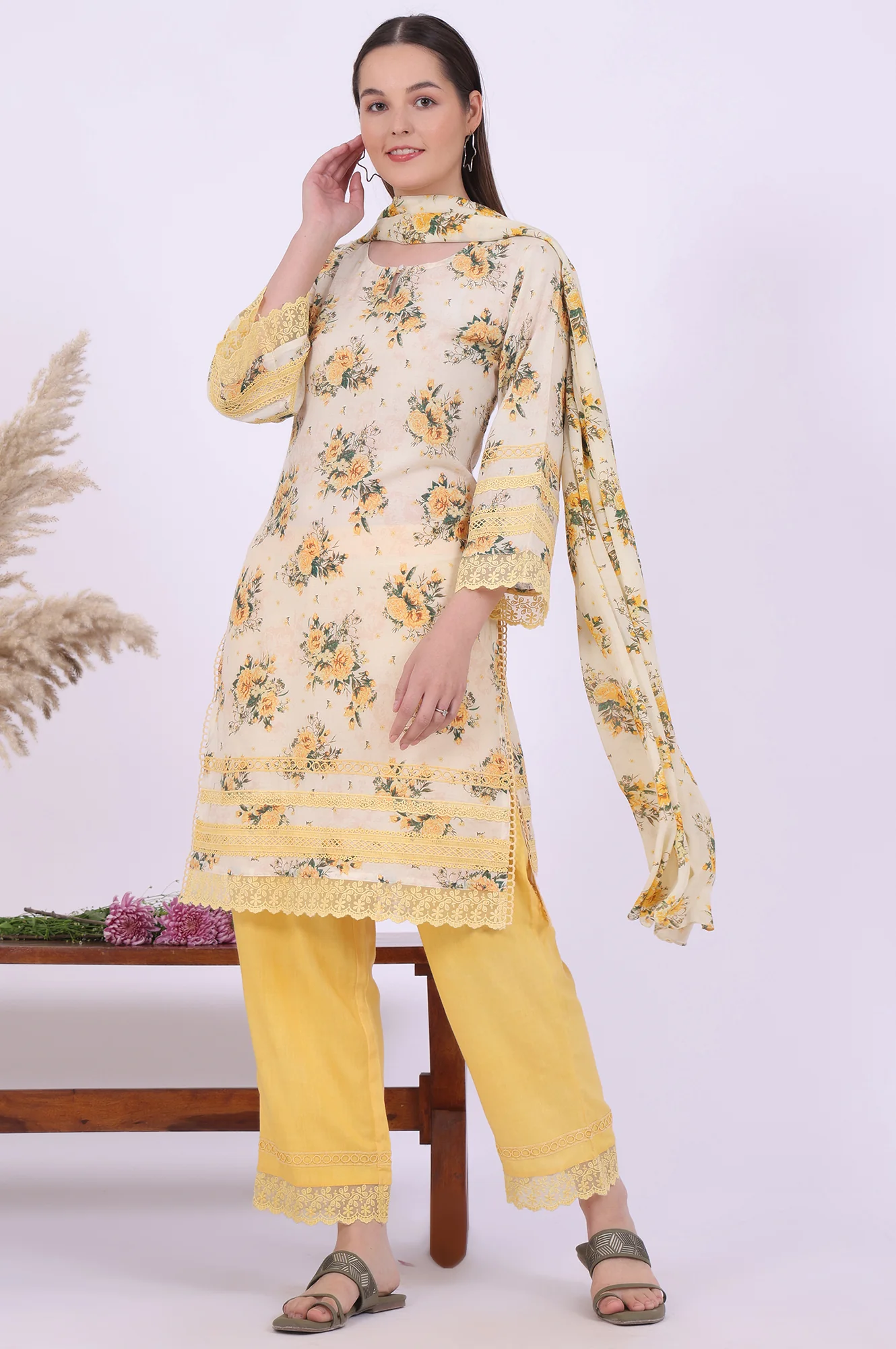 Yellow Printed Straight Kurta with Palazzo & Dupatta Set - Image 2