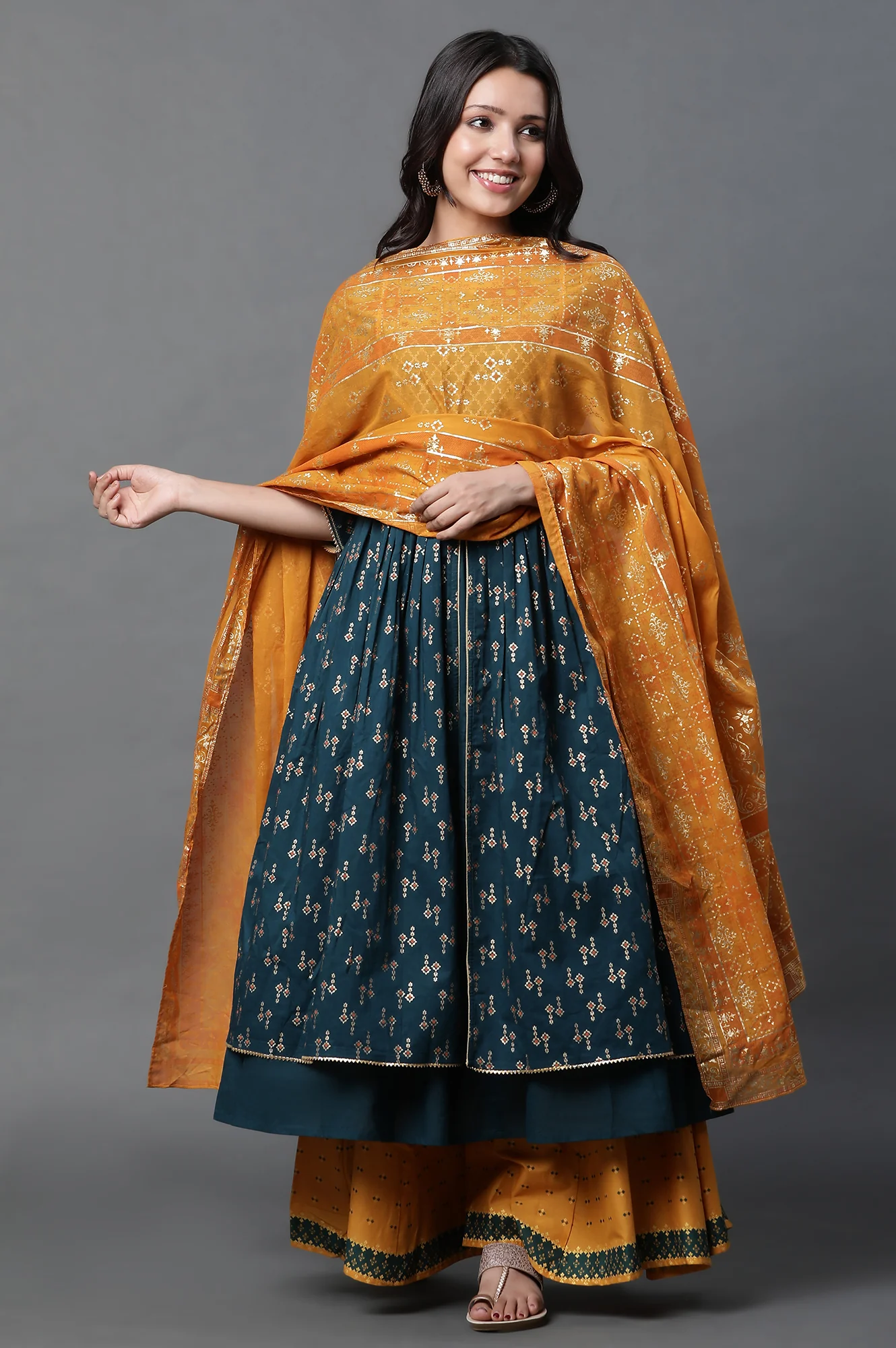 Yellow Floral Foil Printed Pure Cotton Dupatta - Image 3