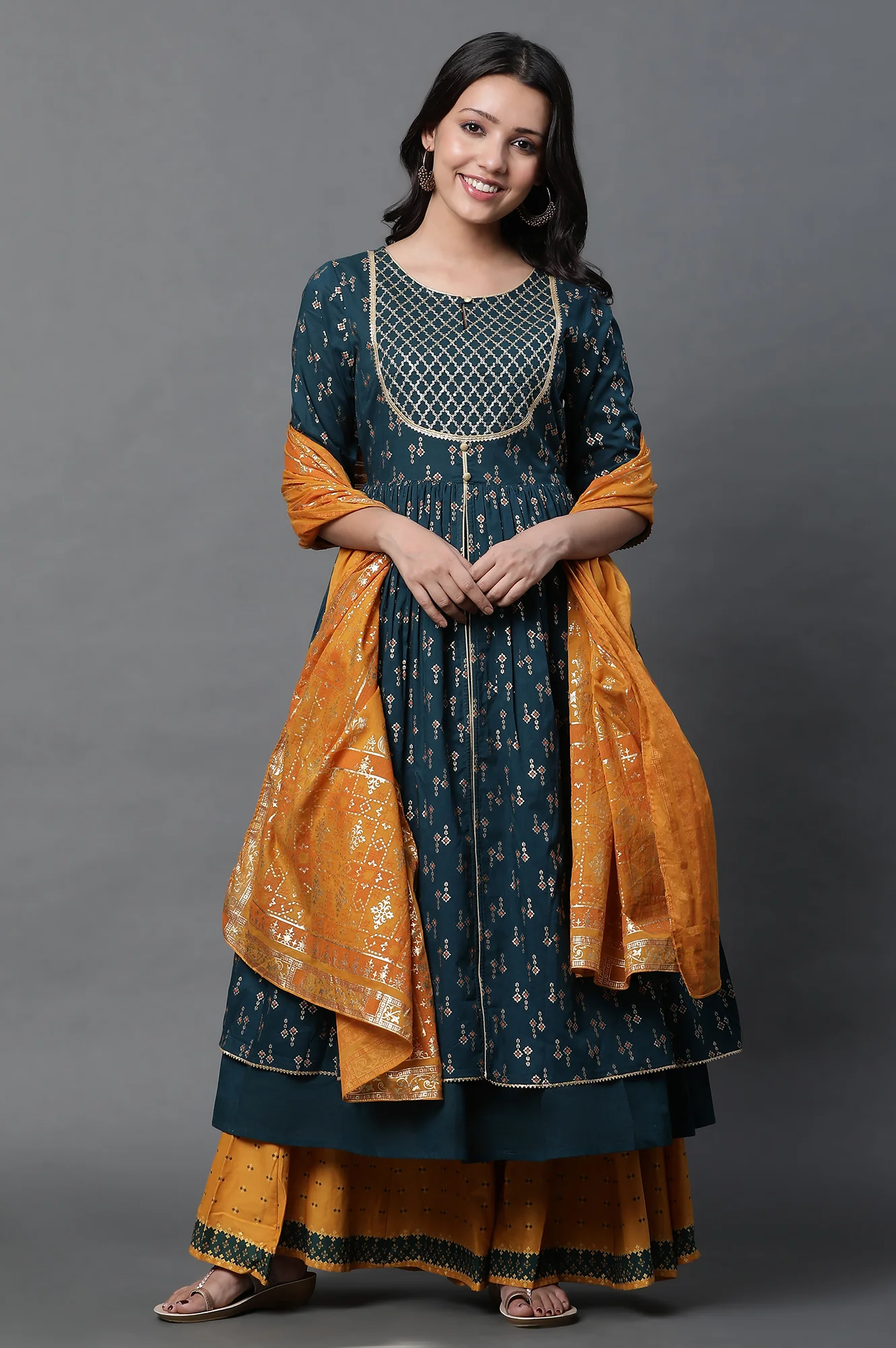Yellow Floral Foil Printed Pure Cotton Dupatta - Image 4