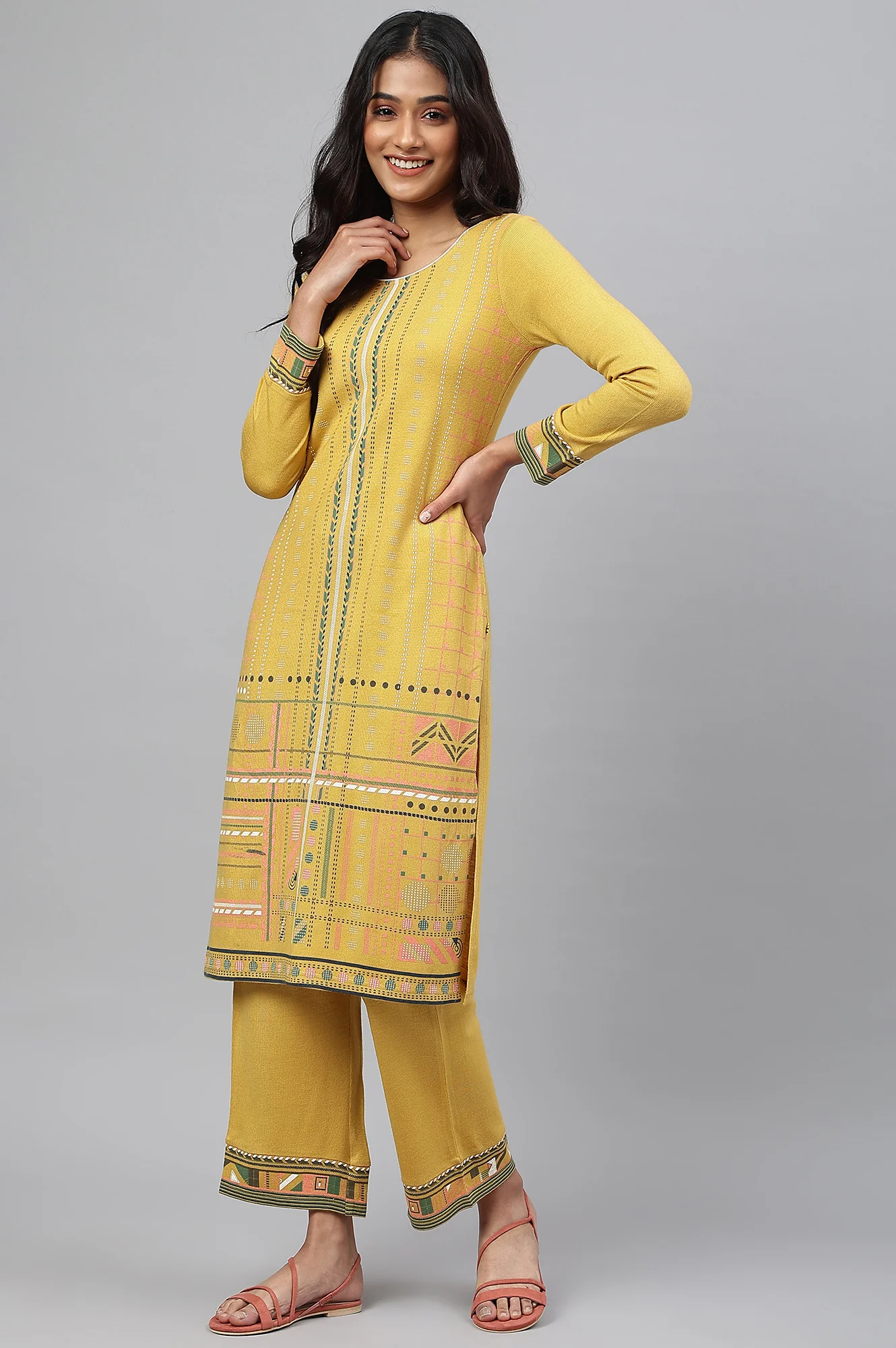 Yellow Printed Winter kurta with Straight Palazzos - Image 4