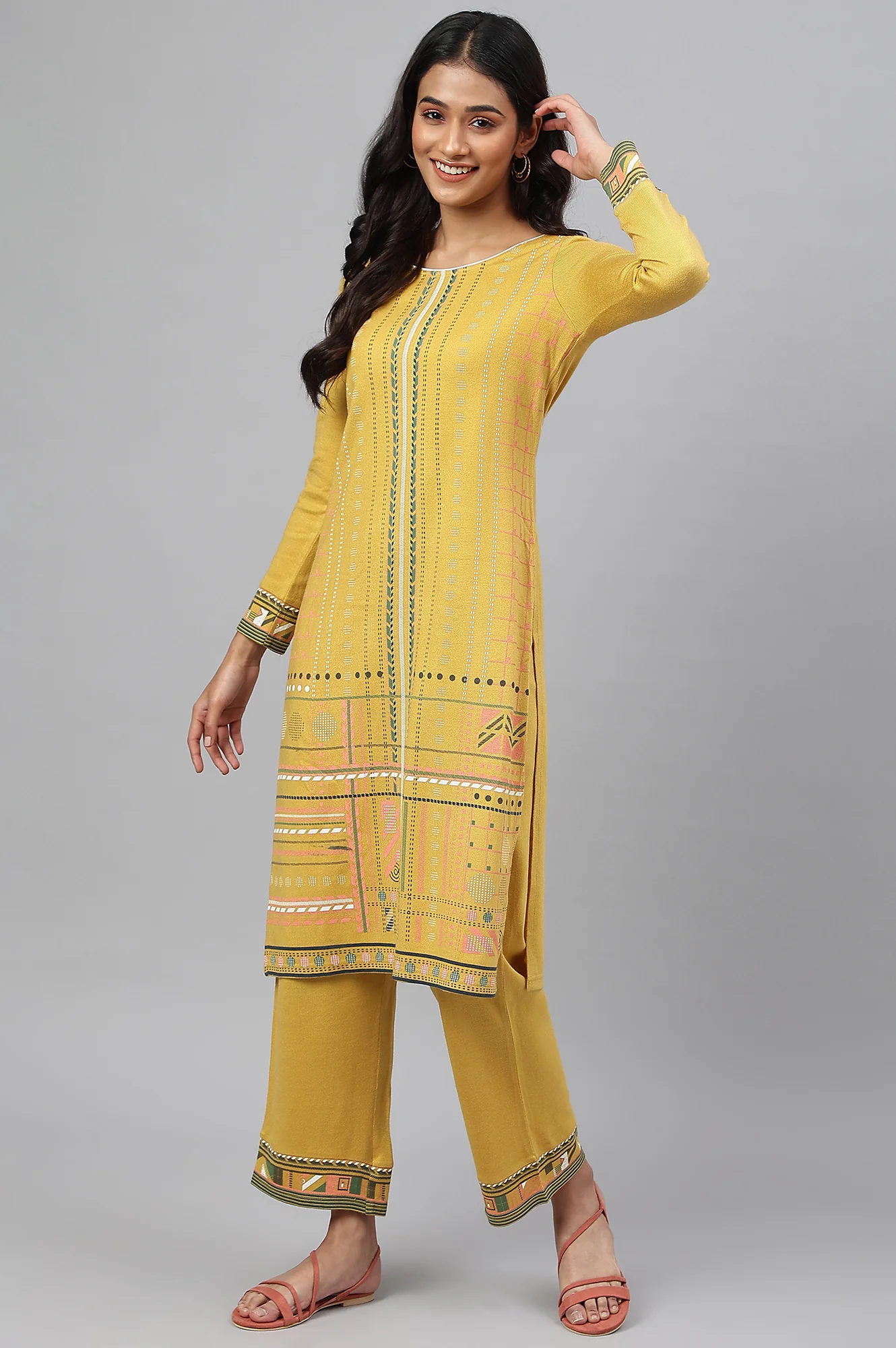 Yellow Printed Winter kurta with Straight Palazzos - Image 6