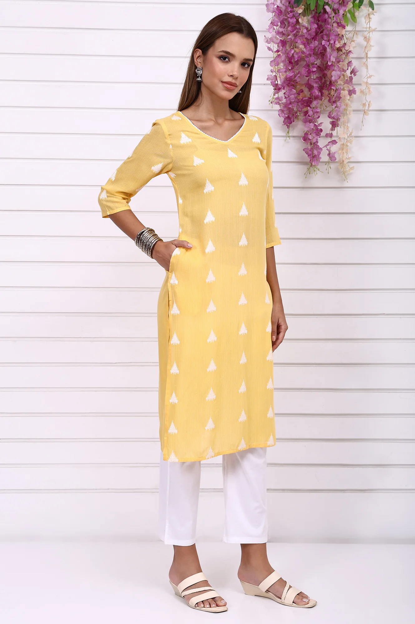 Yellow Printed Yarn Dyed Cotton Rayon Straight Kurta - Image 5