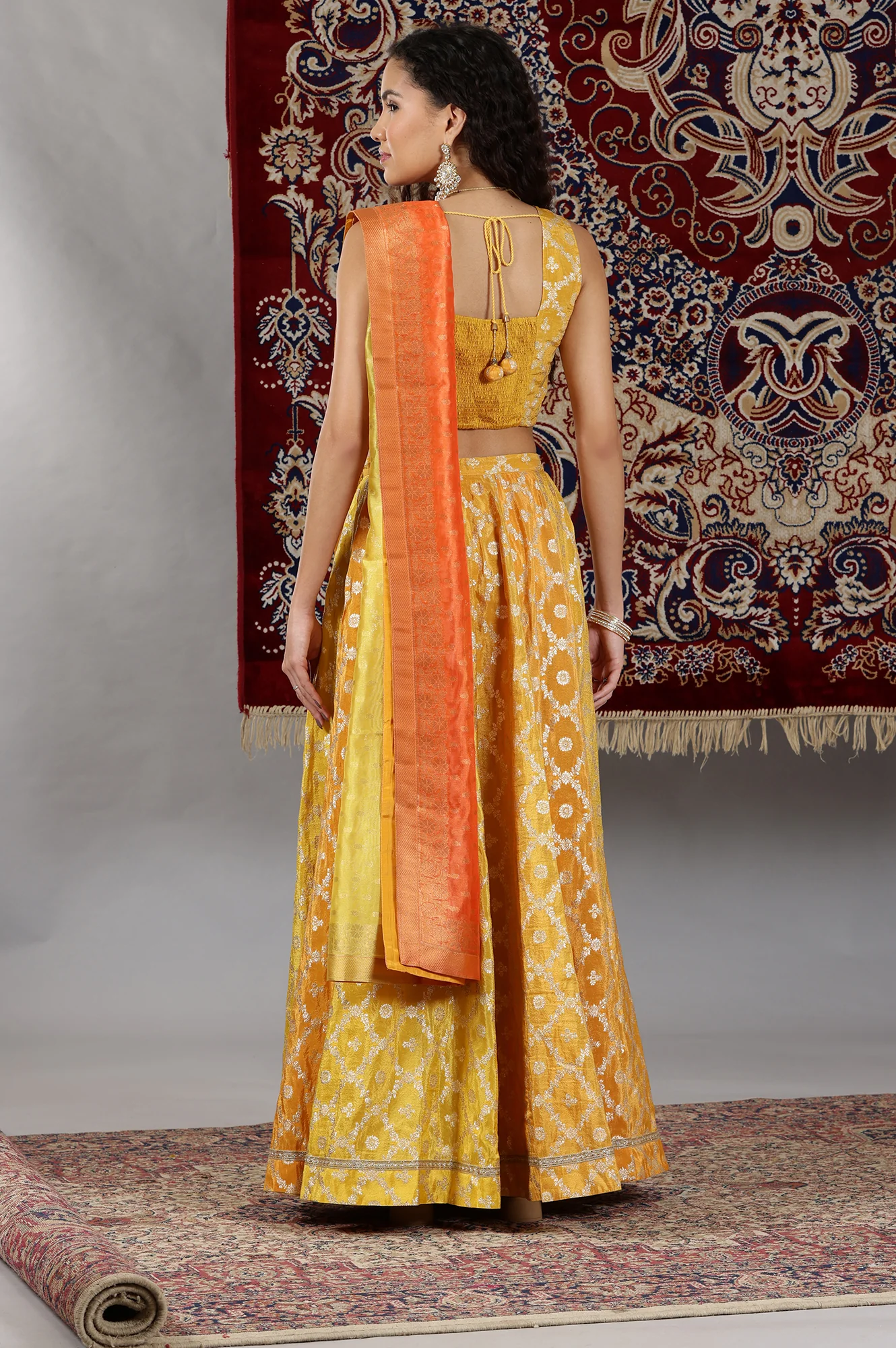 Yellow Printed Zari Embroidered Crop Top, Brocade Flared Skirt and Dupatta Set - Image 6