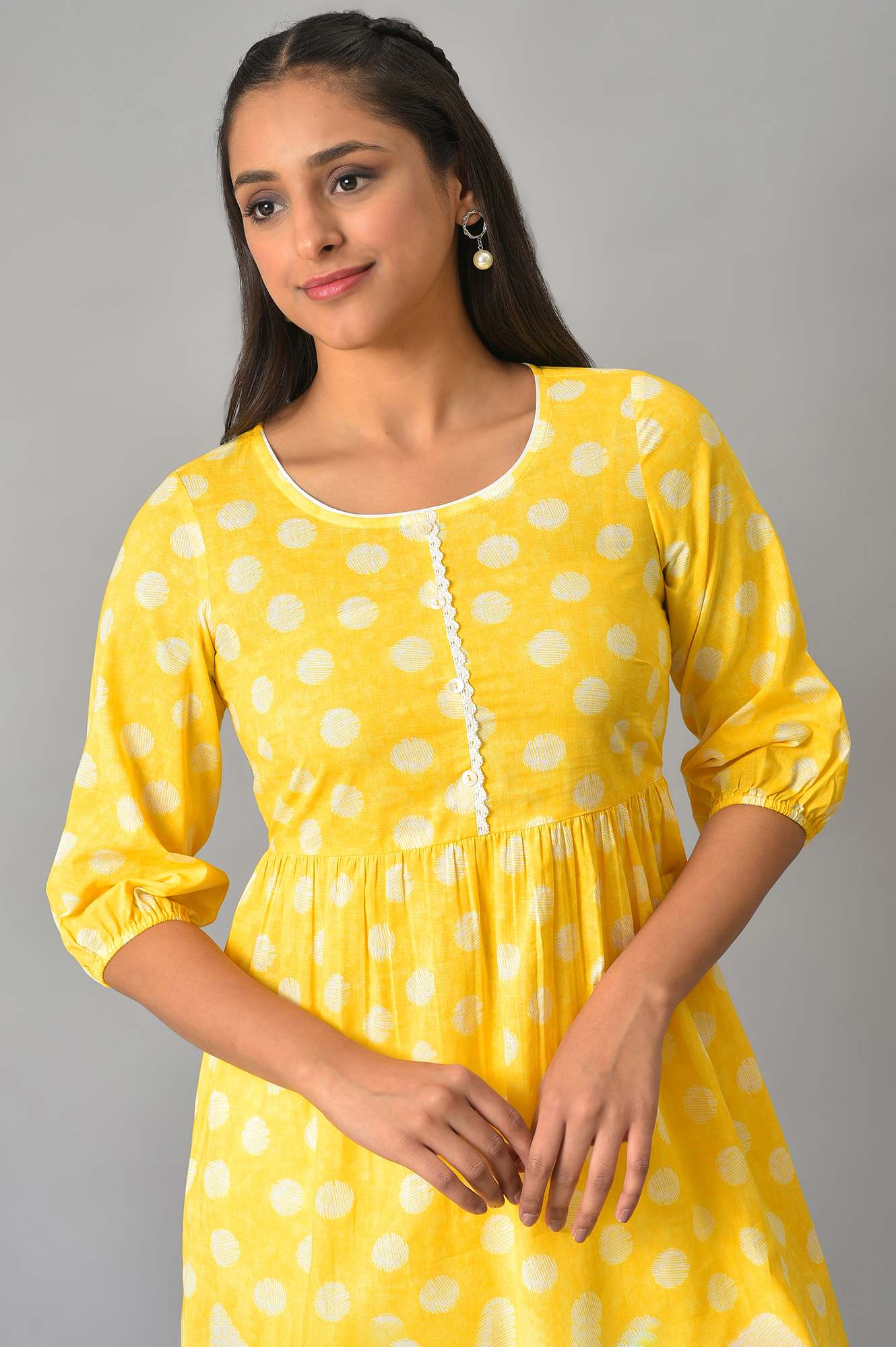 Yellow Pure Cotton Flared Kurti and Jegging Set - Image 2