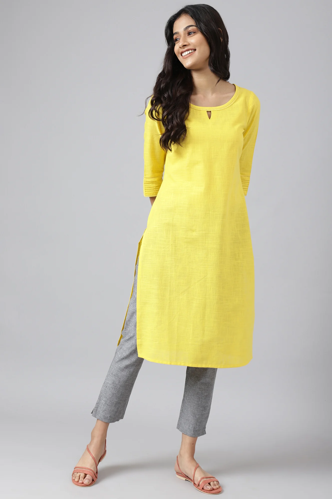 Yellow Rayon Kurta With Lace Detail - Image 6