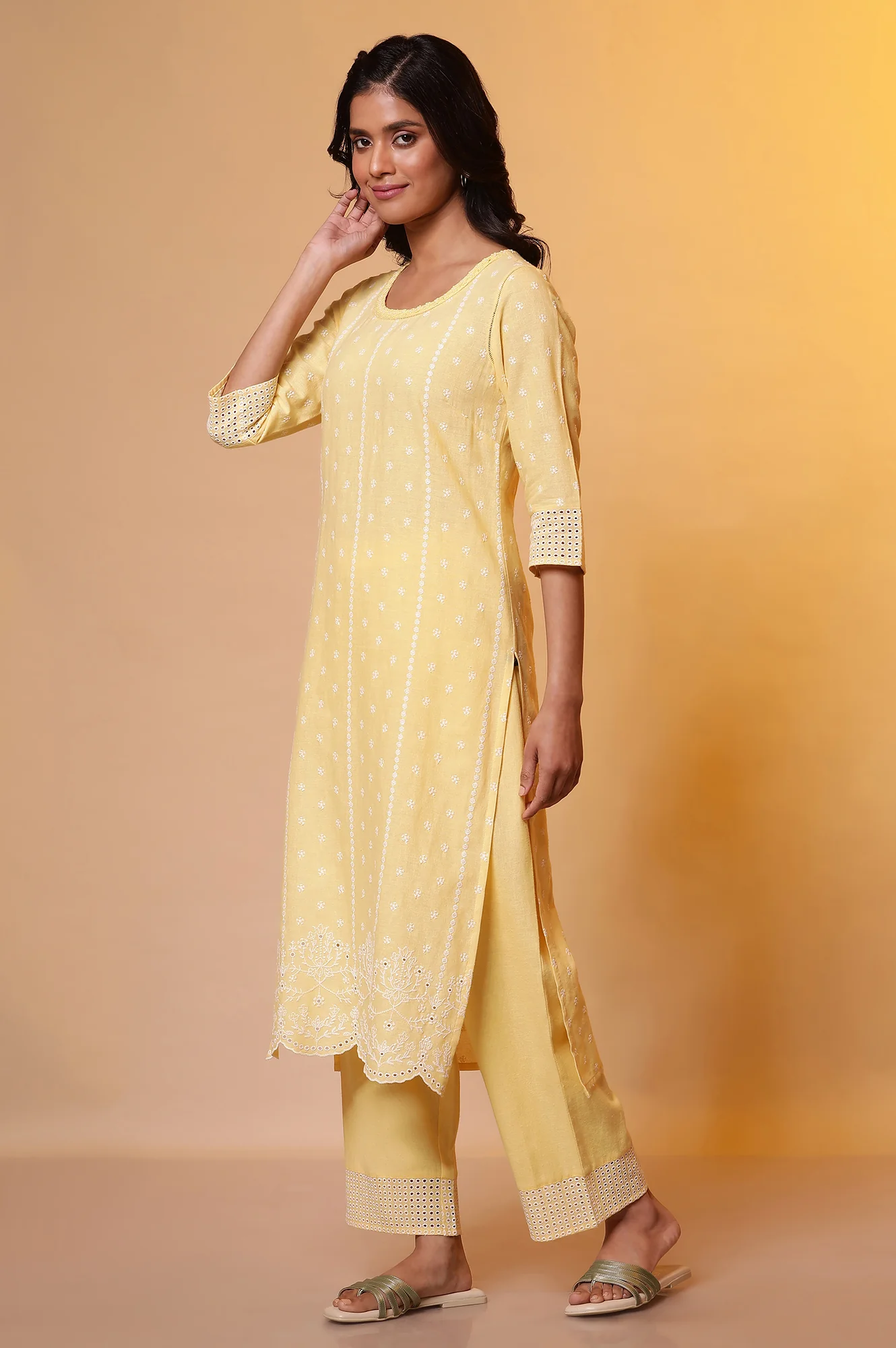 Yellow Schiffli Embroidered Kurta, Pants and Dupatta Set - Image 3