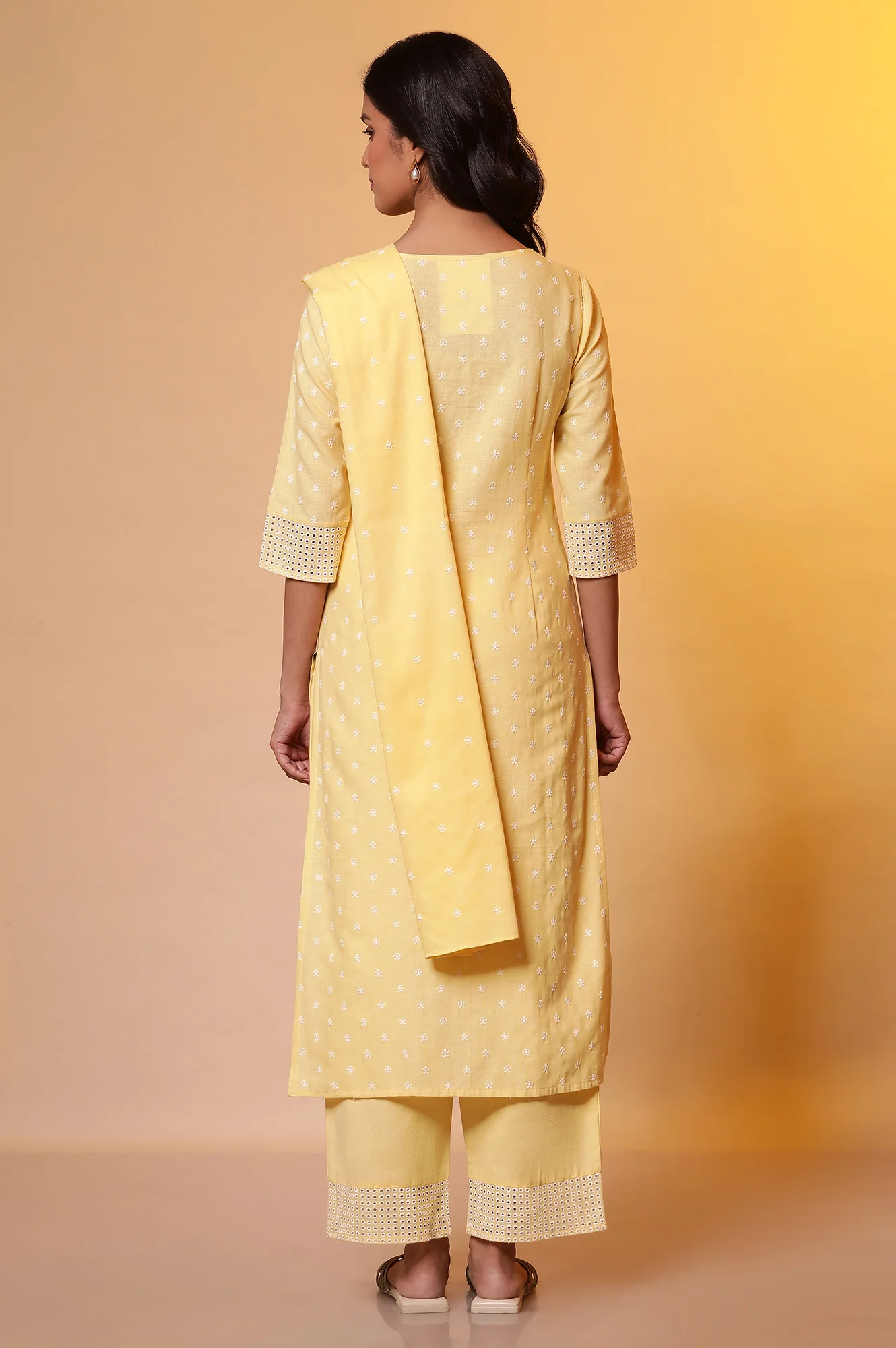 Yellow Schiffli Embroidered Kurta, Pants and Dupatta Set - Image 4