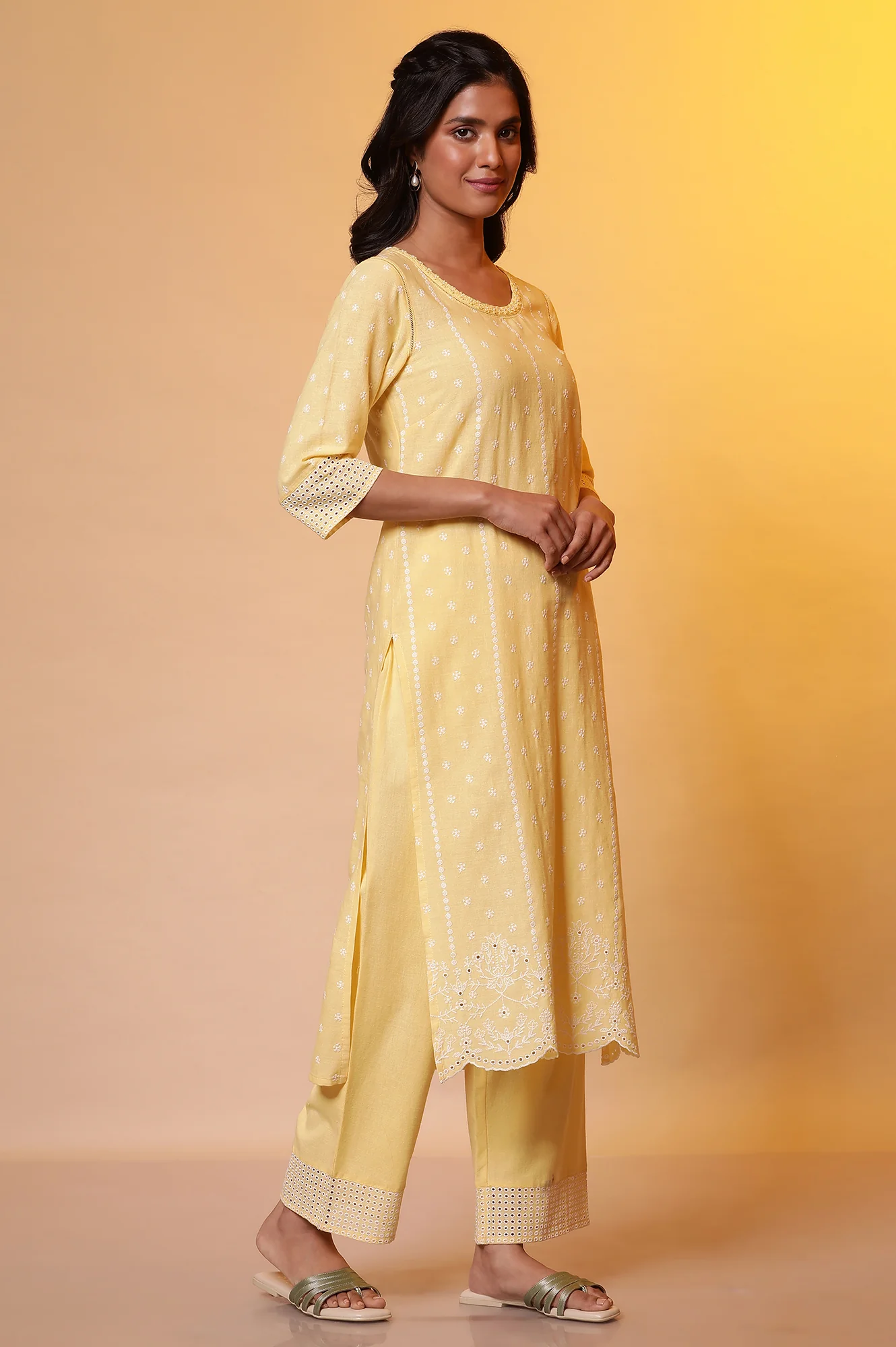 Yellow Schiffli Embroidered Kurta, Pants and Dupatta Set - Image 5