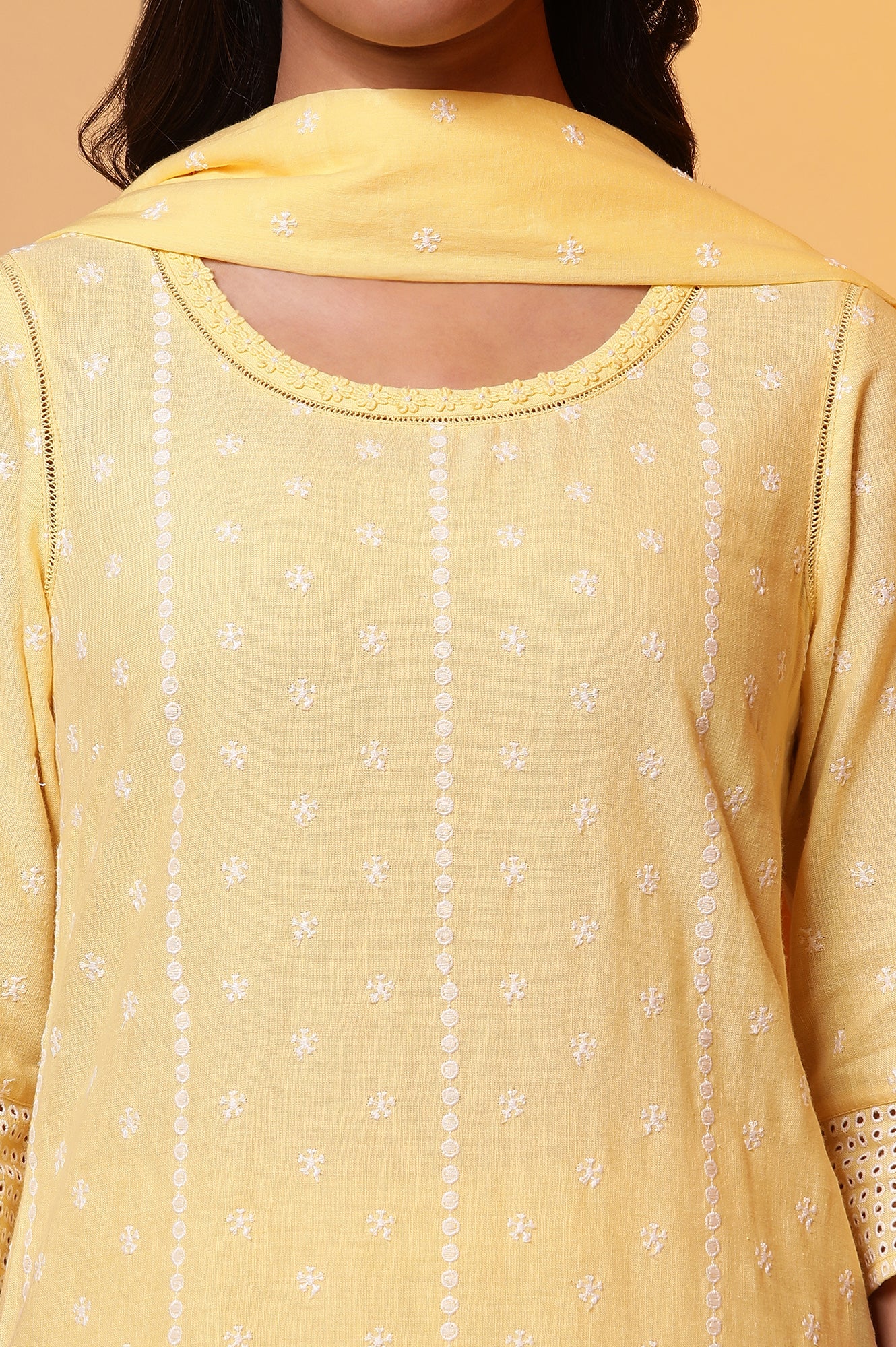 Yellow Schiffli Embroidered Kurta, Pants and Dupatta Set - Image 6