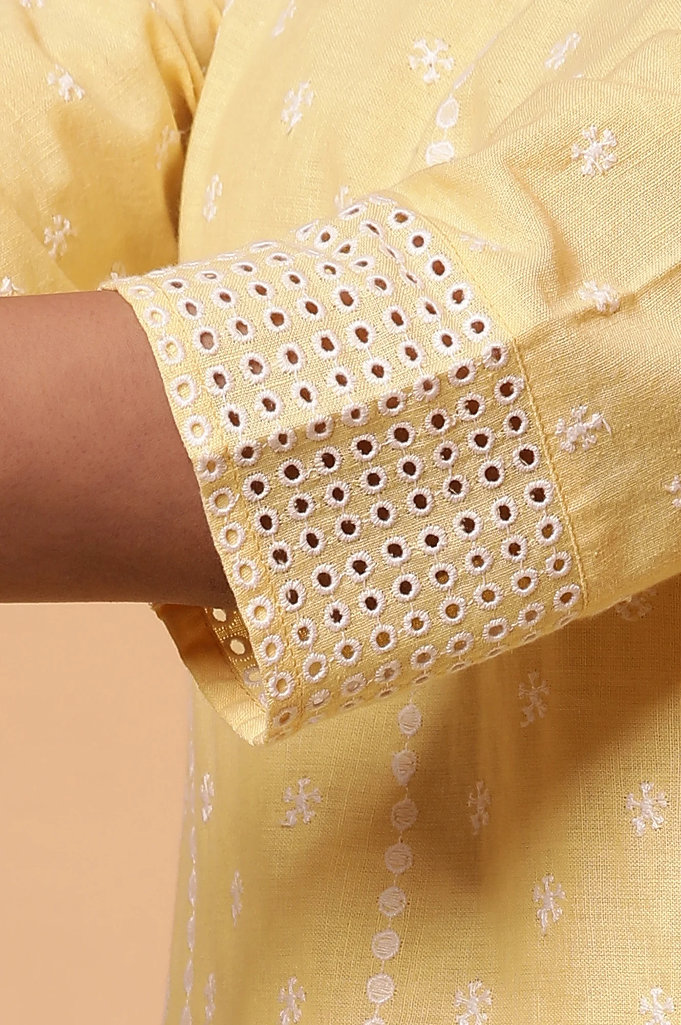 Yellow Schiffli Embroidered Kurta, Pants and Dupatta Set - Image 7