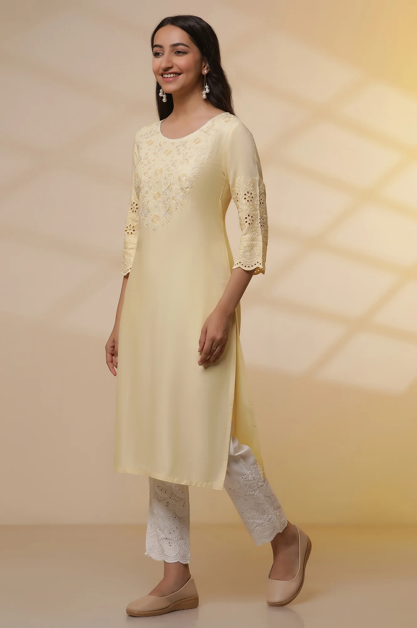 Yellow Schiffli Embroidered Kurta, Pants and Mesh Dupatta Set - Image 3