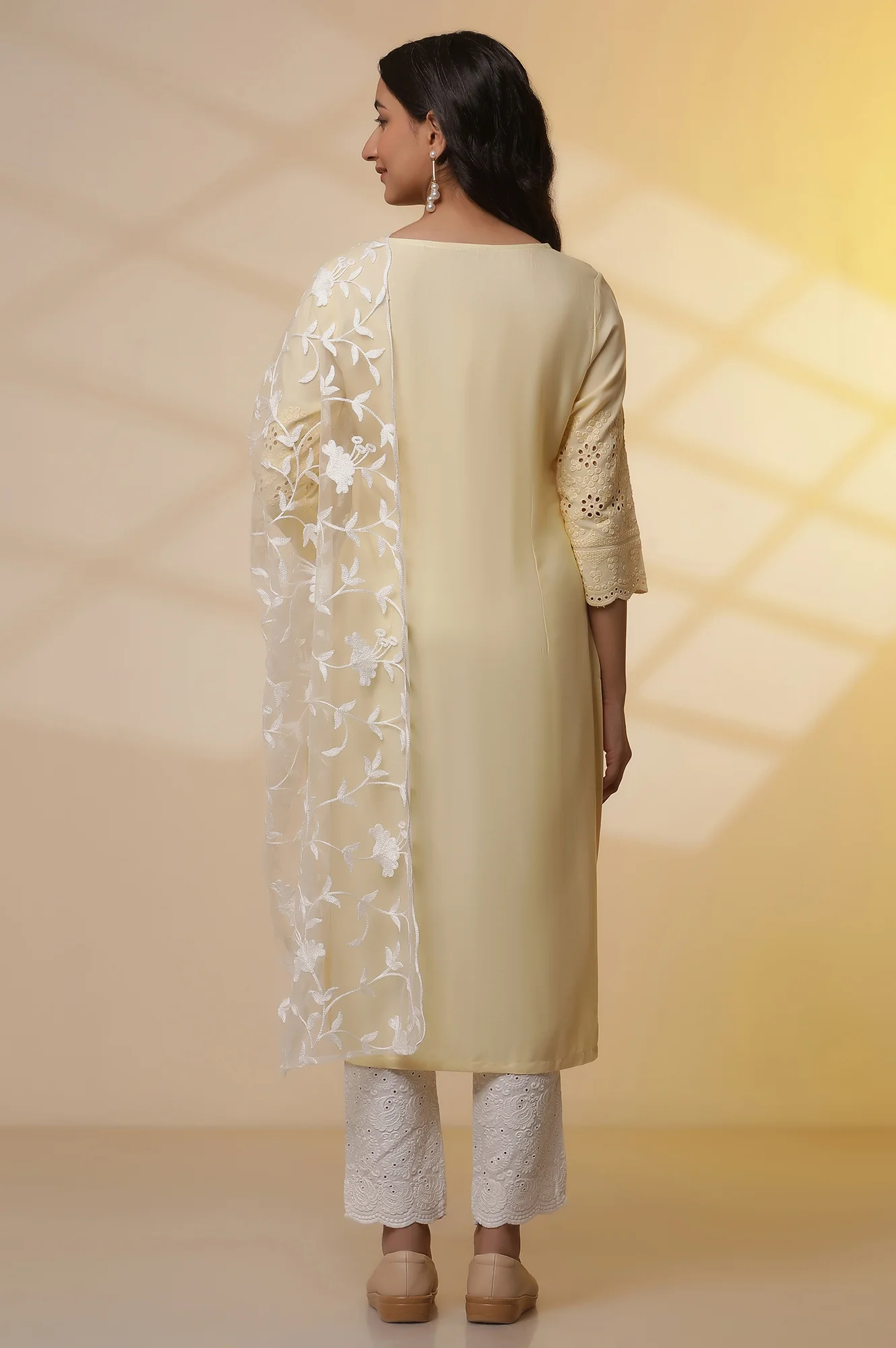 Yellow Schiffli Embroidered Kurta, Pants and Mesh Dupatta Set - Image 4