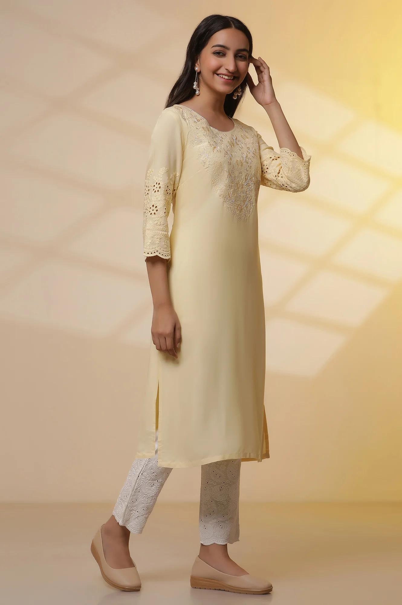 Yellow Schiffli Embroidered Kurta, Pants and Mesh Dupatta Set - Image 5