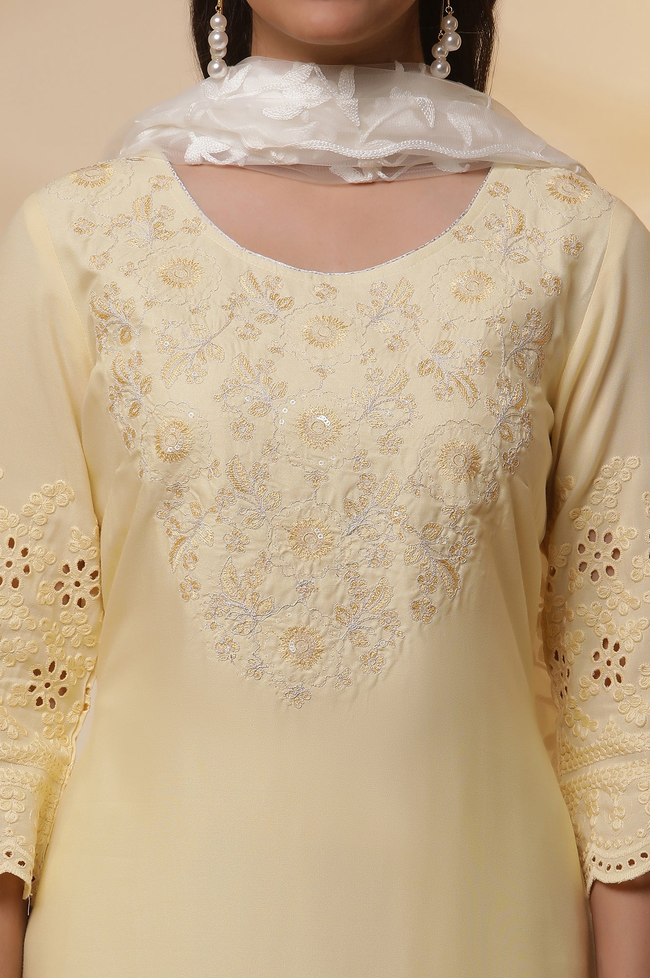 Yellow Schiffli Embroidered Kurta, Pants and Mesh Dupatta Set - Image 6