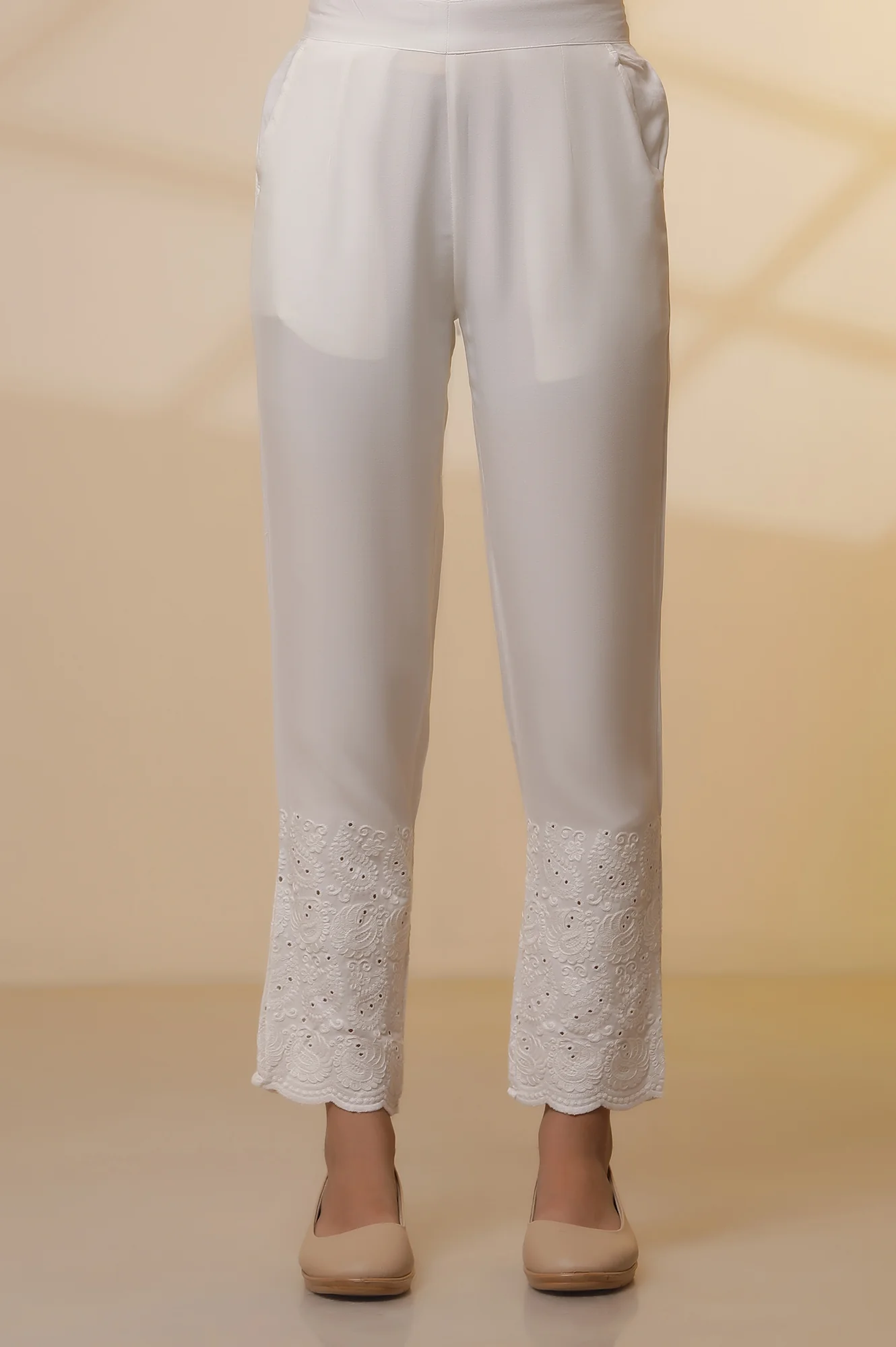 Yellow Schiffli Embroidered Kurta, Pants and Mesh Dupatta Set - Image 8