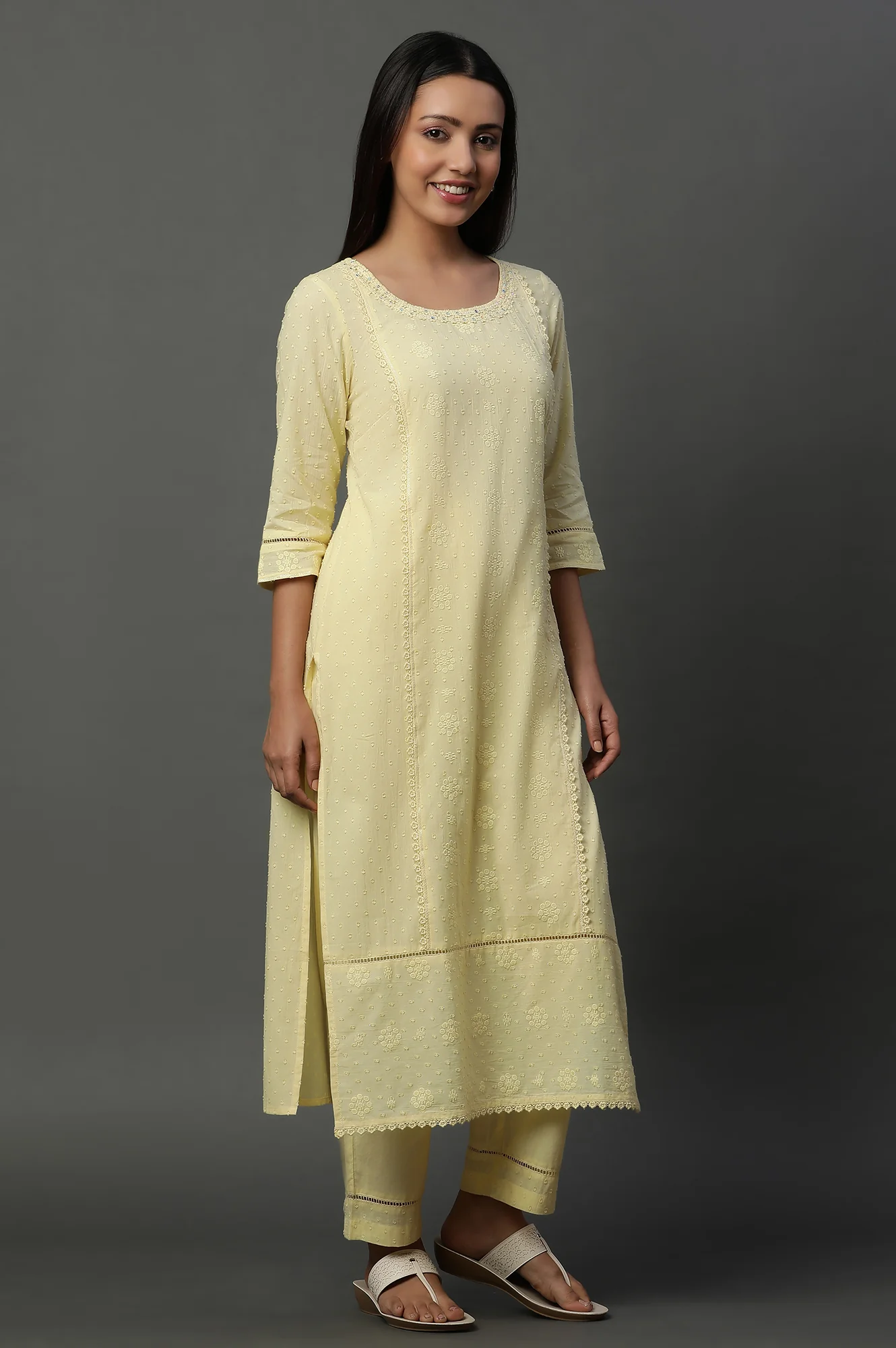 Yellow Schiffli Lace Kurta, Pants and Dupatta - Image 3