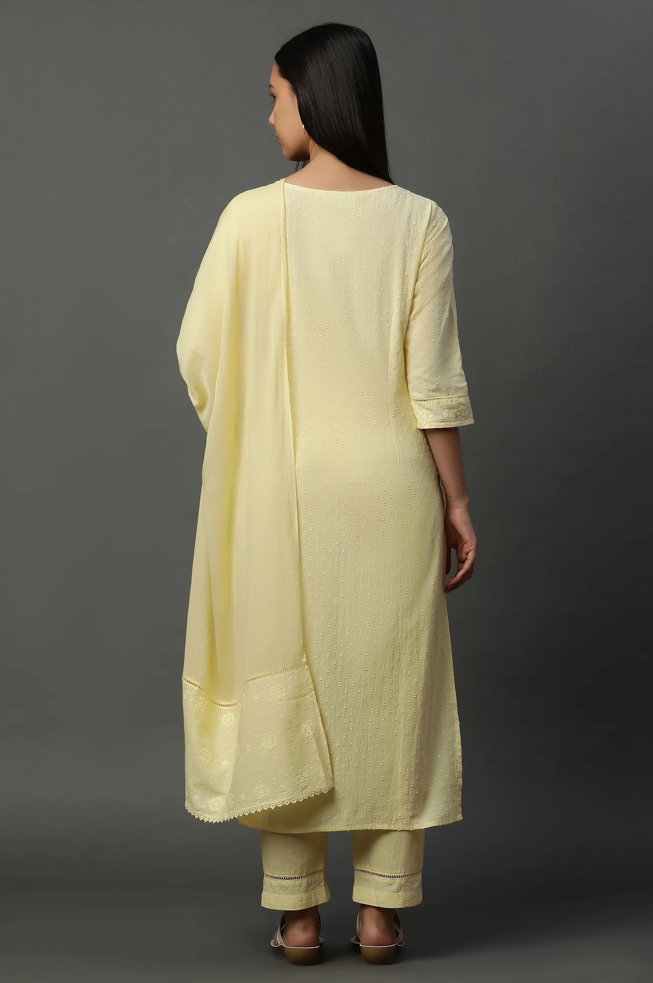 Yellow Schiffli Lace Kurta, Pants and Dupatta - Image 4