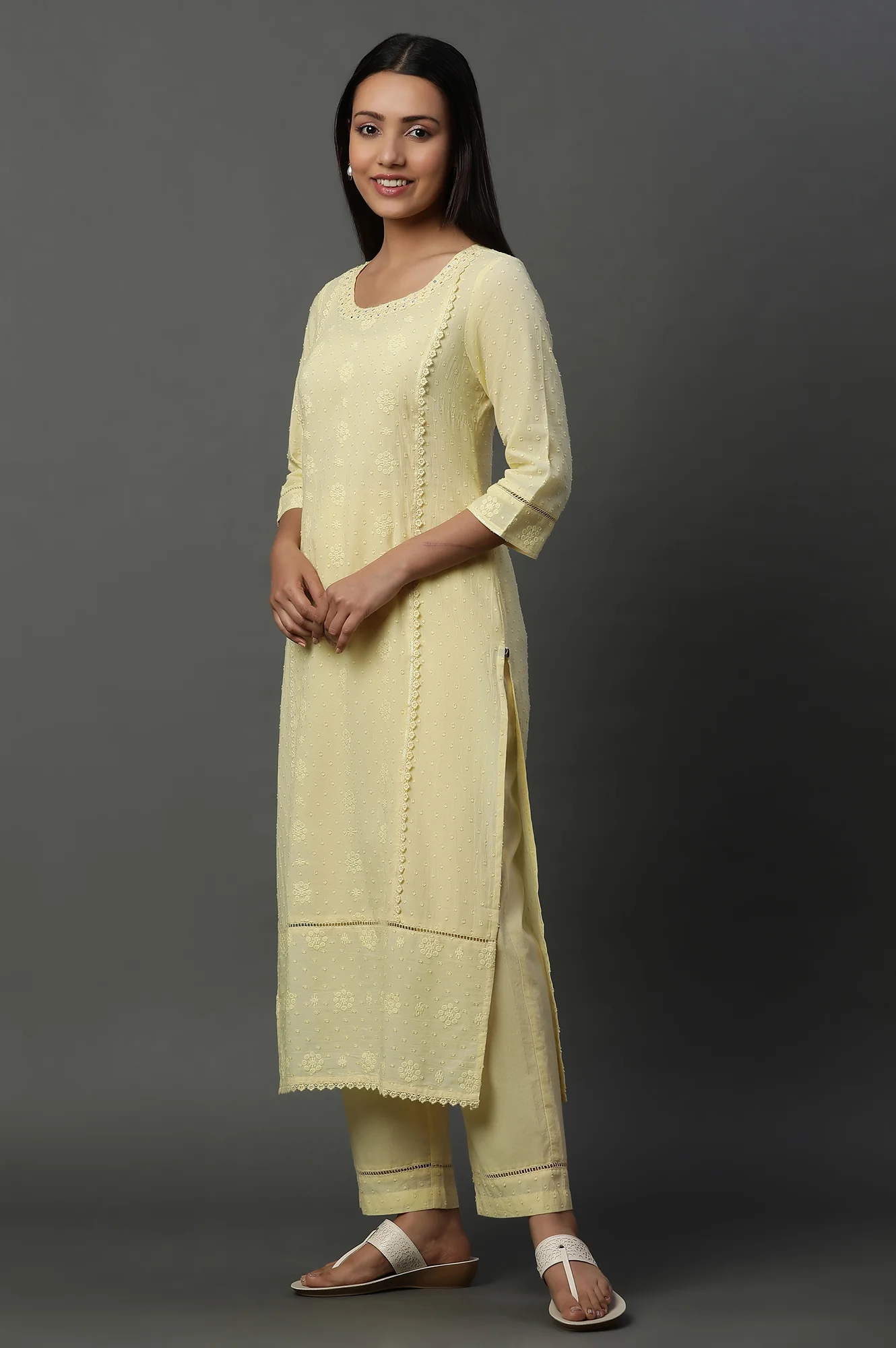 Yellow Schiffli Lace Kurta, Pants and Dupatta - Image 5