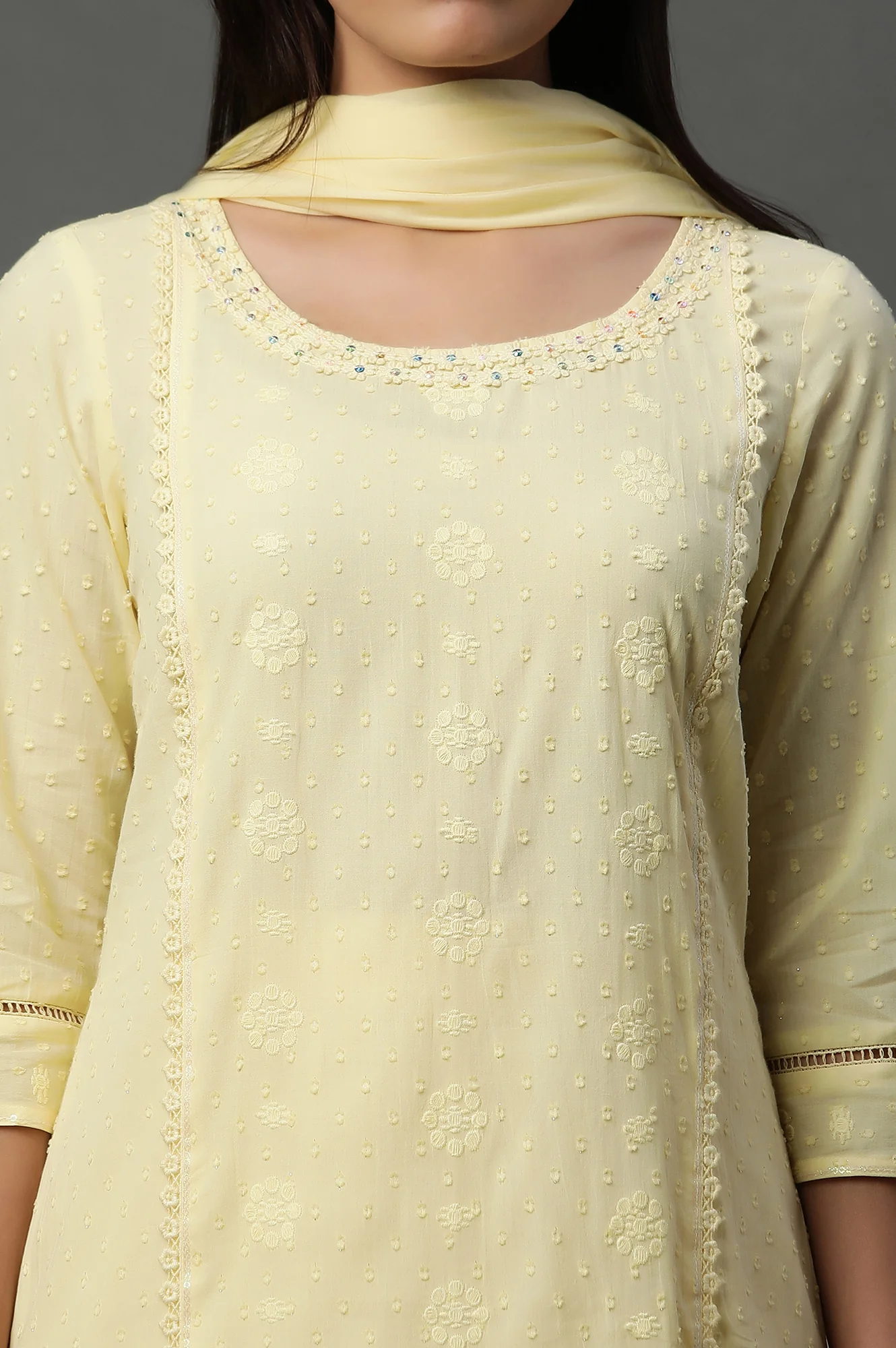 Yellow Schiffli Lace Kurta, Pants and Dupatta - Image 6