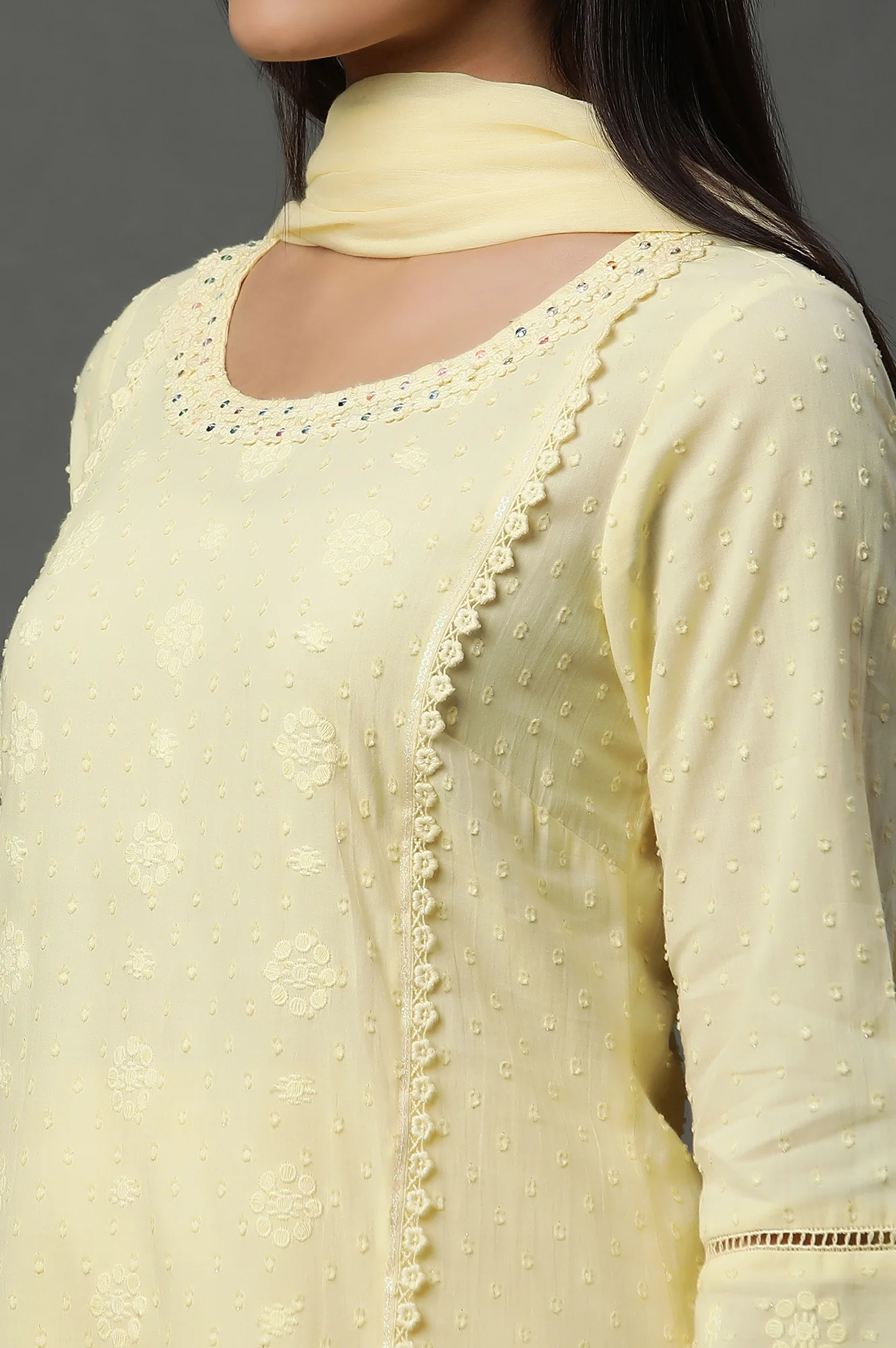 Yellow Schiffli Lace Kurta, Pants and Dupatta - Image 7