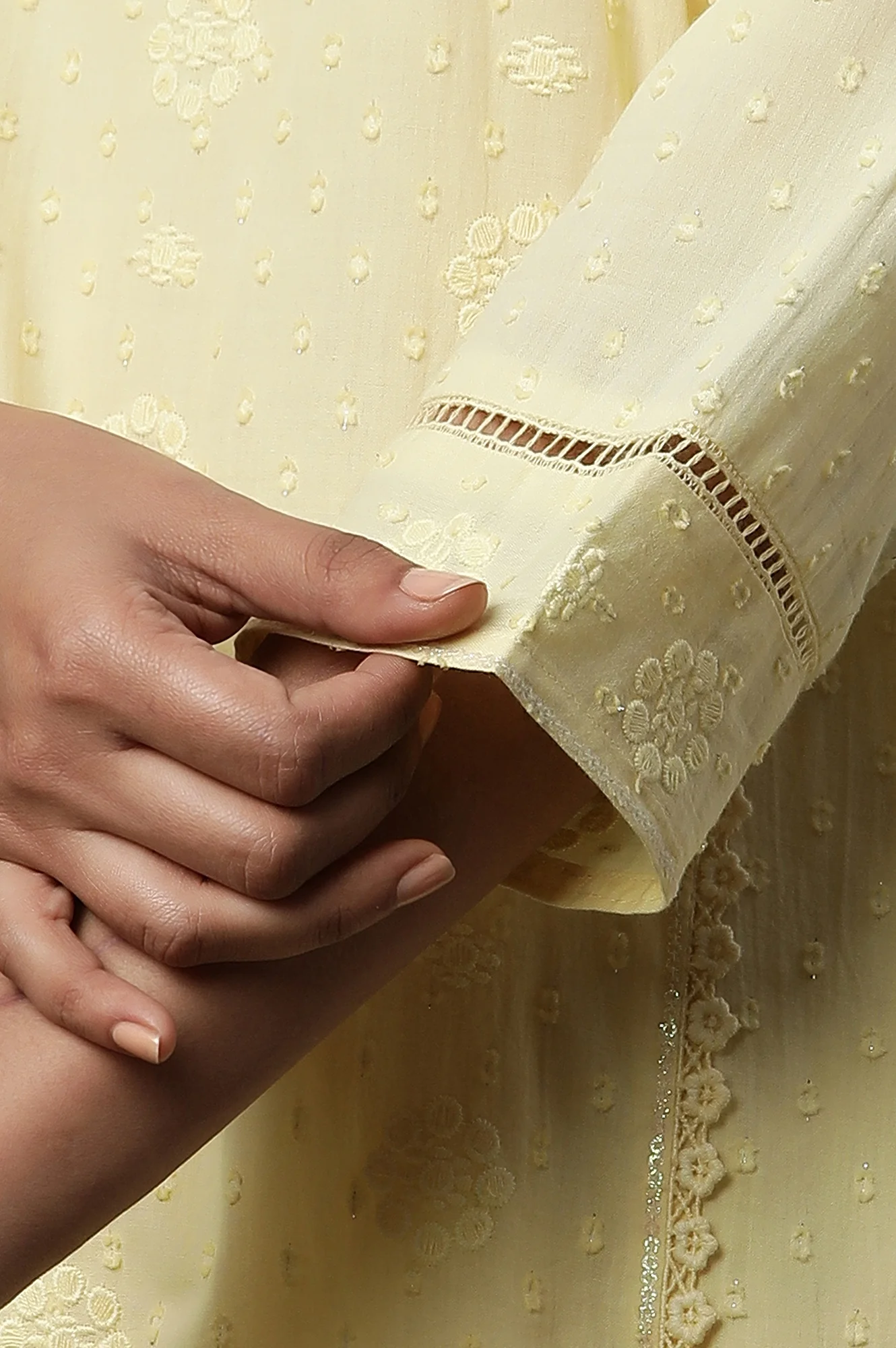 Yellow Schiffli Lace Kurta, Pants and Dupatta - Image 8