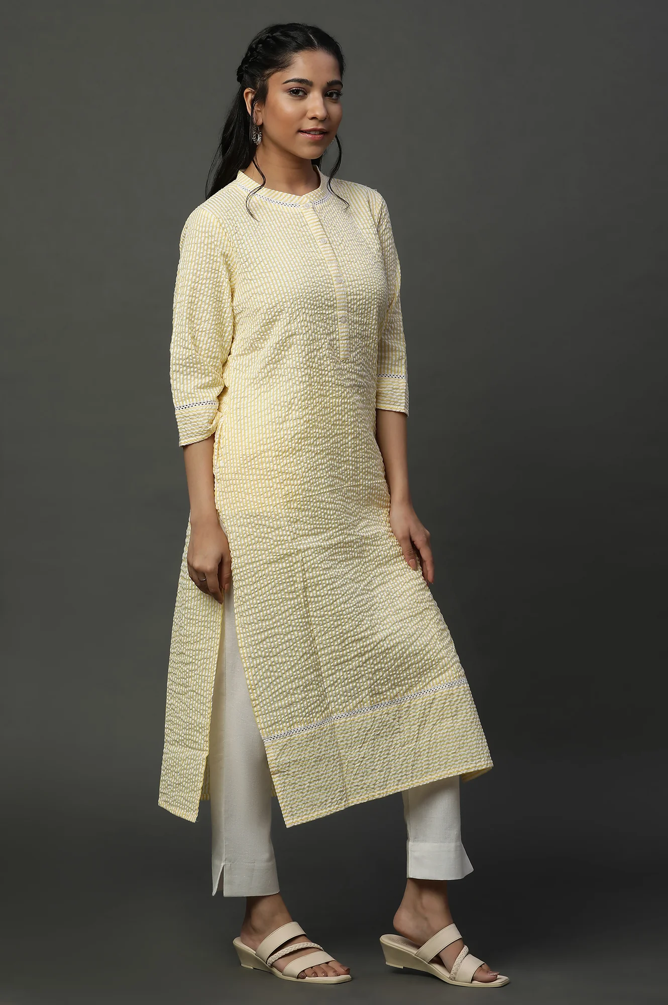 Yellow Seer Sucket Stripe Casual Kurta - Image 5