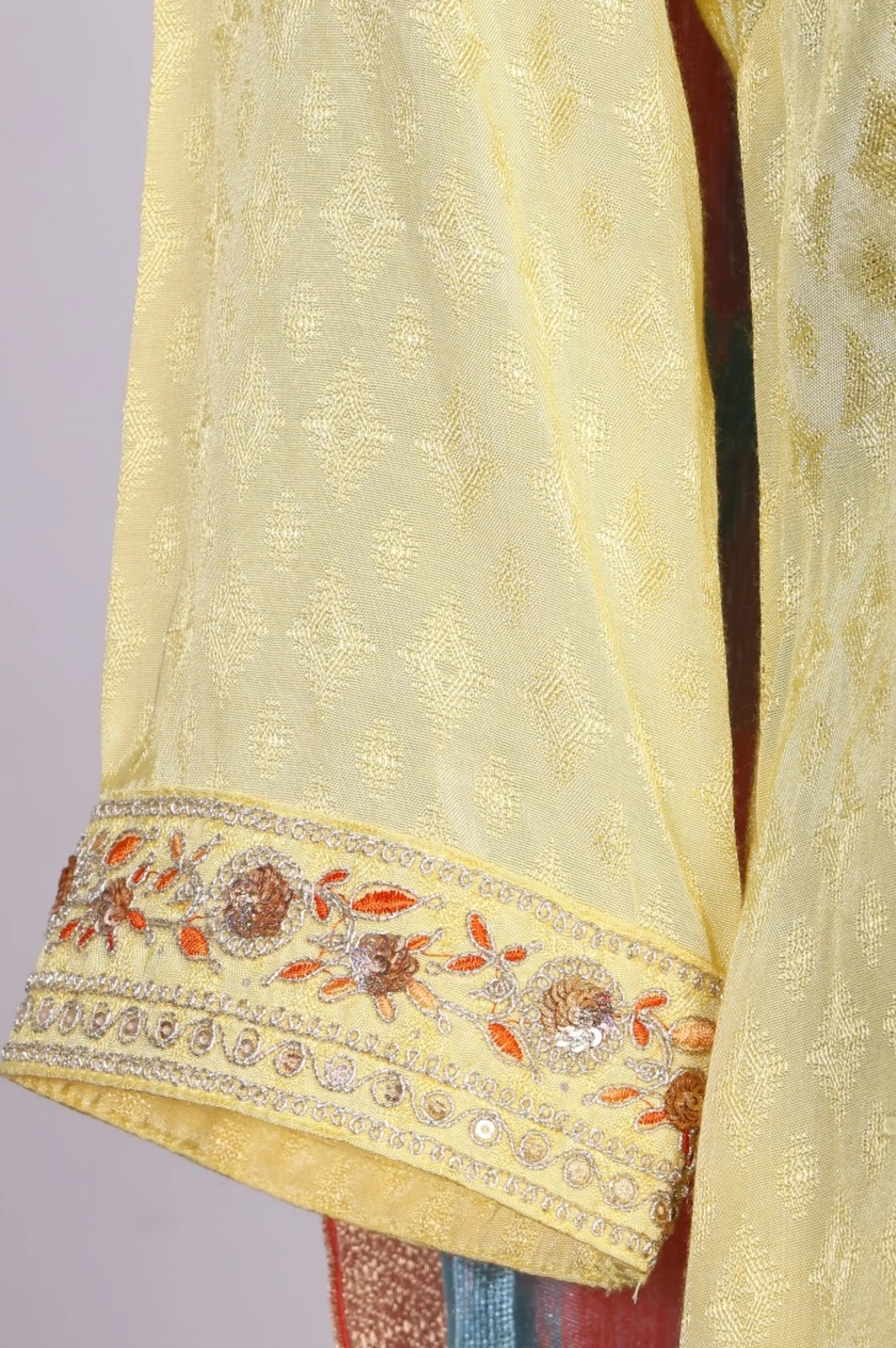 Yellow Textured Shantung Embroidered Straight Kurta with Trouser and Dupatta Set - Image 6