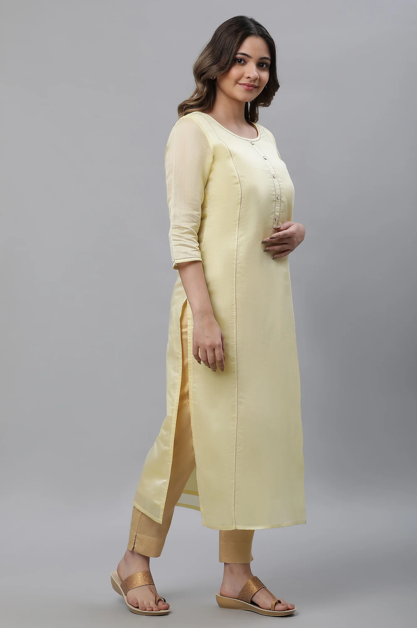 Yellow Semi Sheer Festive Chanderi Kurta - Image 4