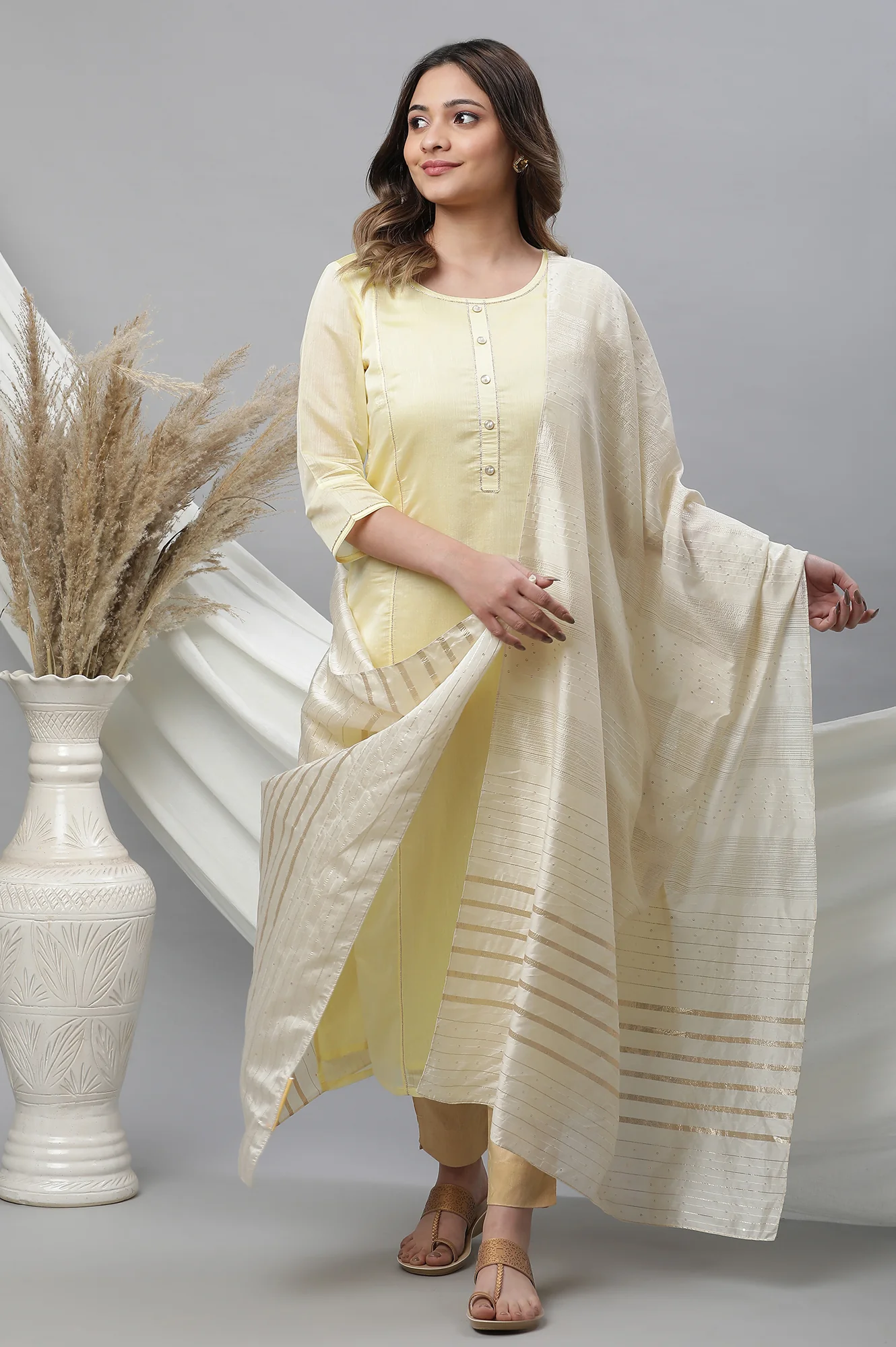 Yellow Semi Sheer Festive Chanderi Kurta - Image 5