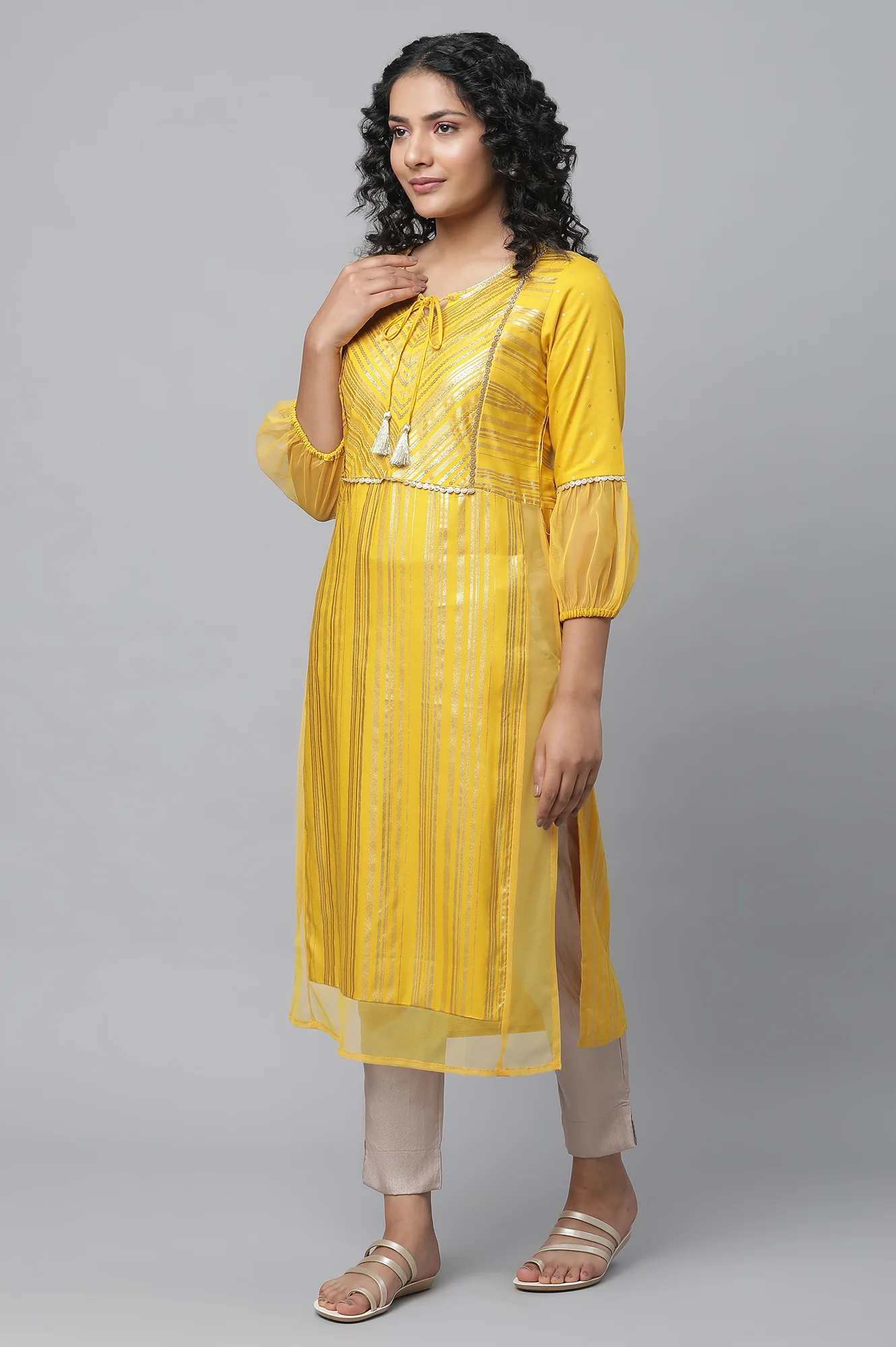 Yellow Sequined Yoke Striped kurta - Image 3