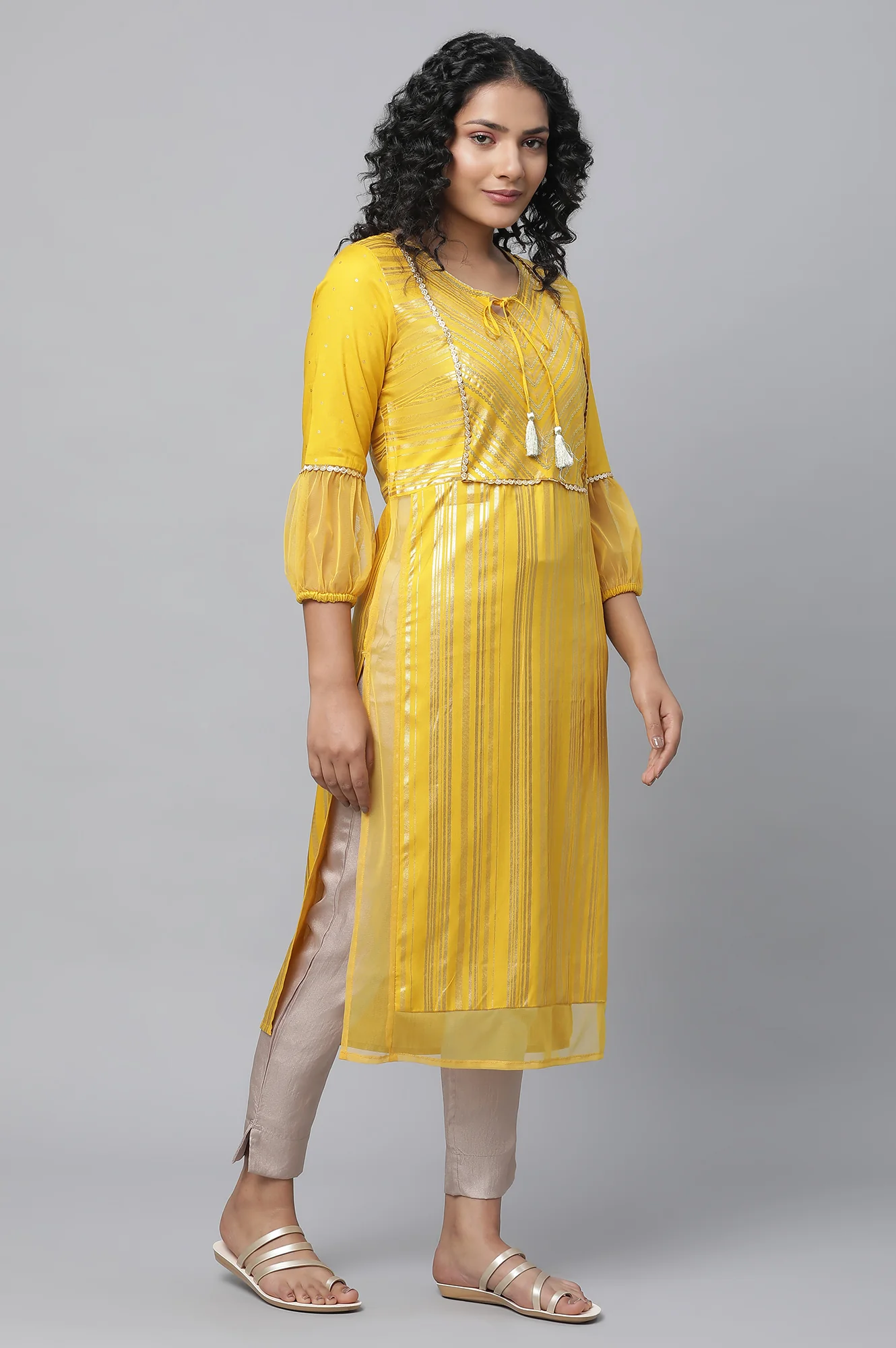 Yellow Sequined Yoke Striped kurta - Image 4