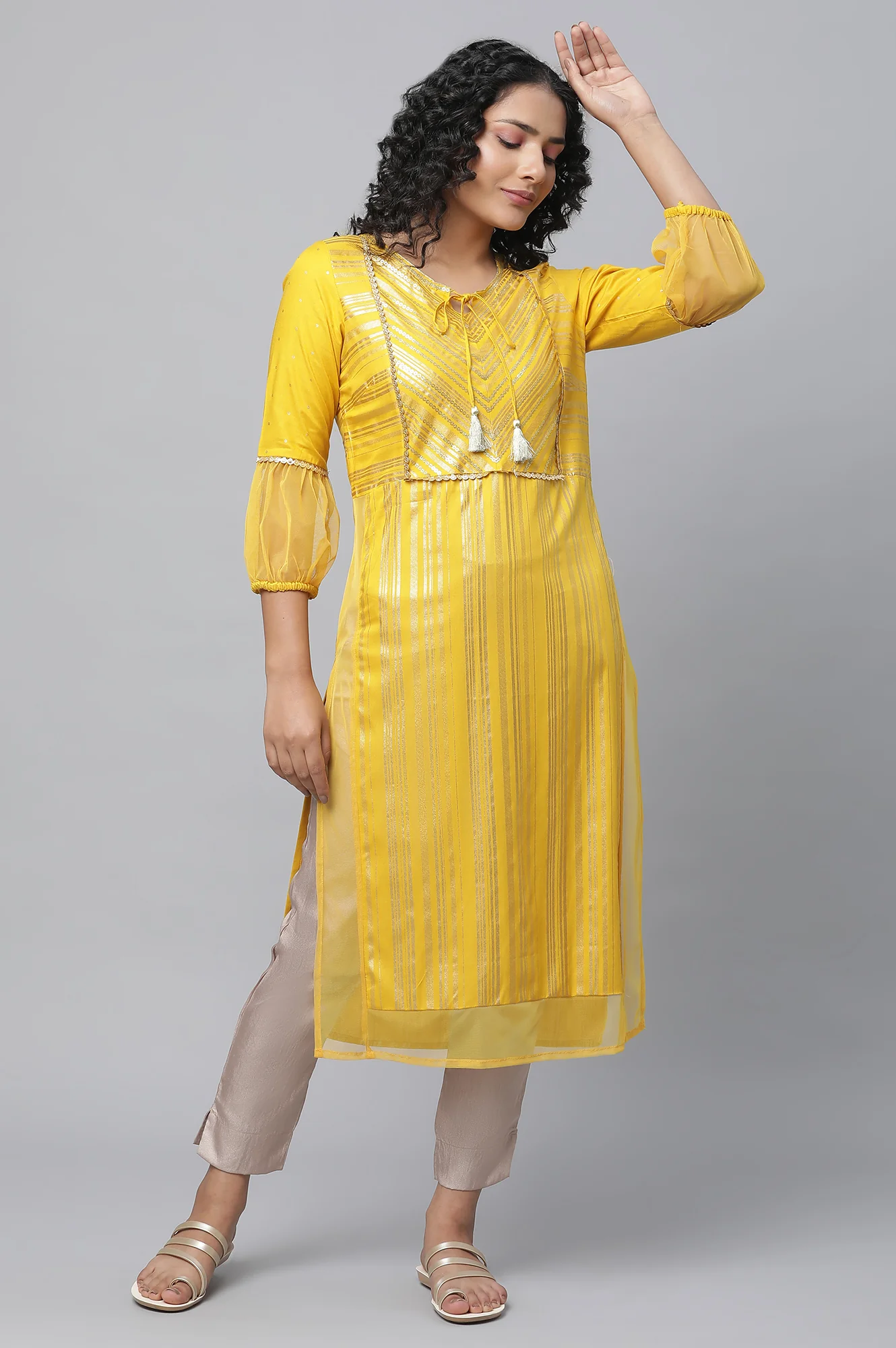 Yellow Sequined Yoke Striped kurta - Image 5