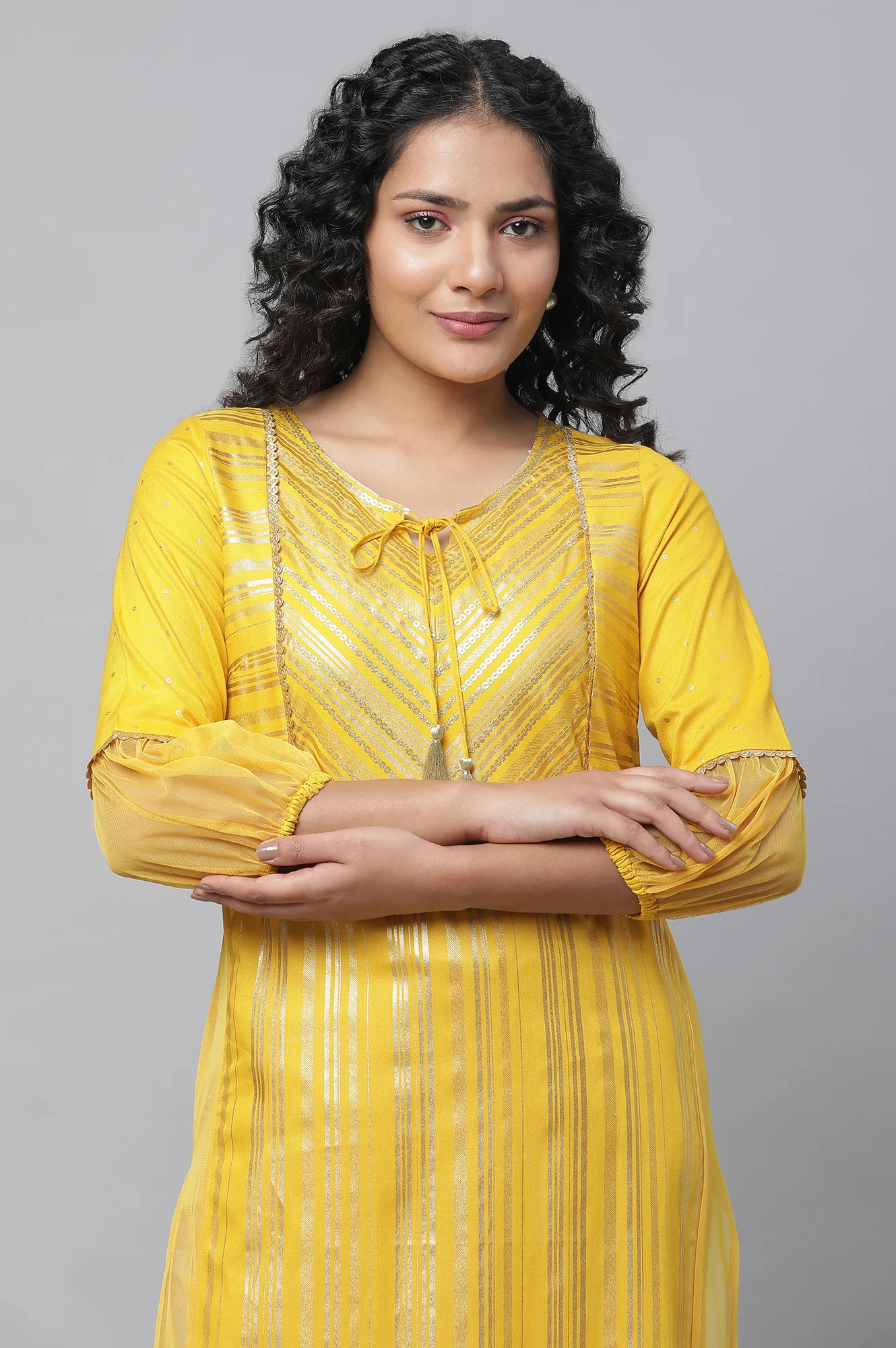 Yellow Sequined Yoke Striped kurta - Image 6