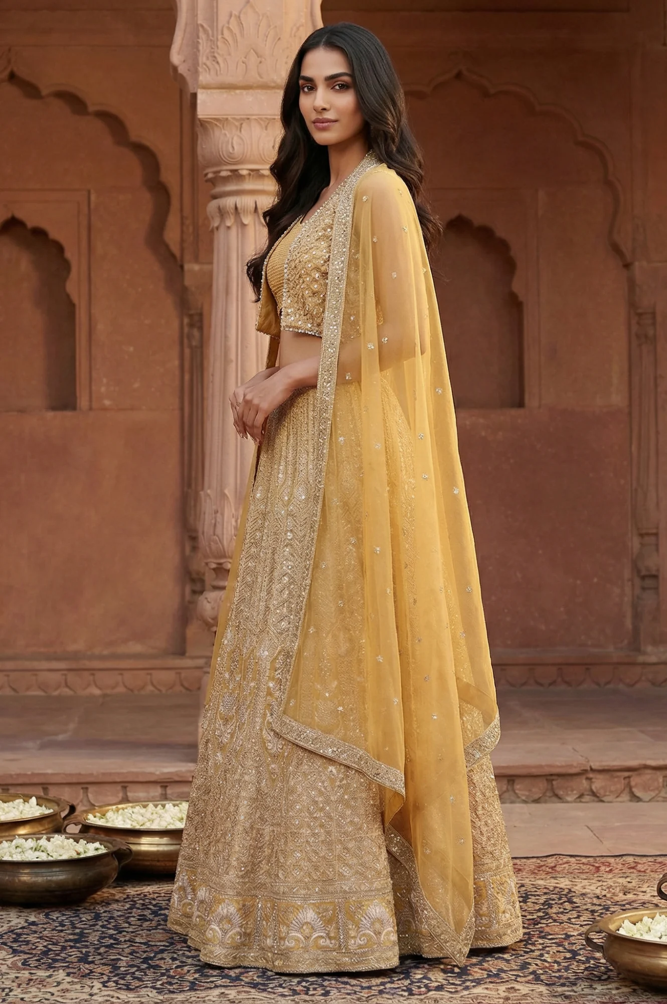 Yellow Sequins Georgette Blouse and Skirt set with Dupatta and Jacket - Image 3