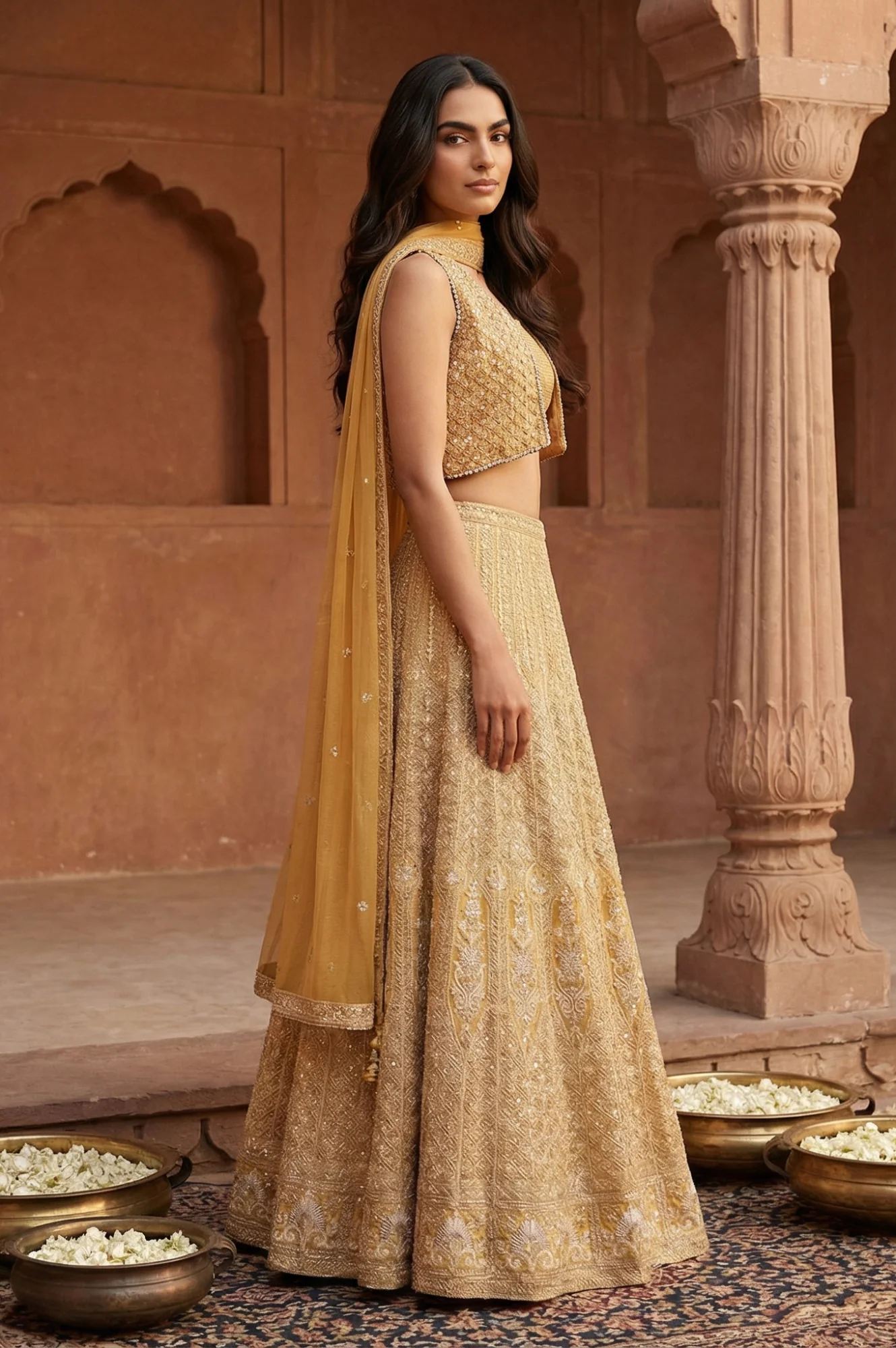 Yellow Sequins Georgette Blouse and Skirt set with Dupatta and Jacket - Image 5
