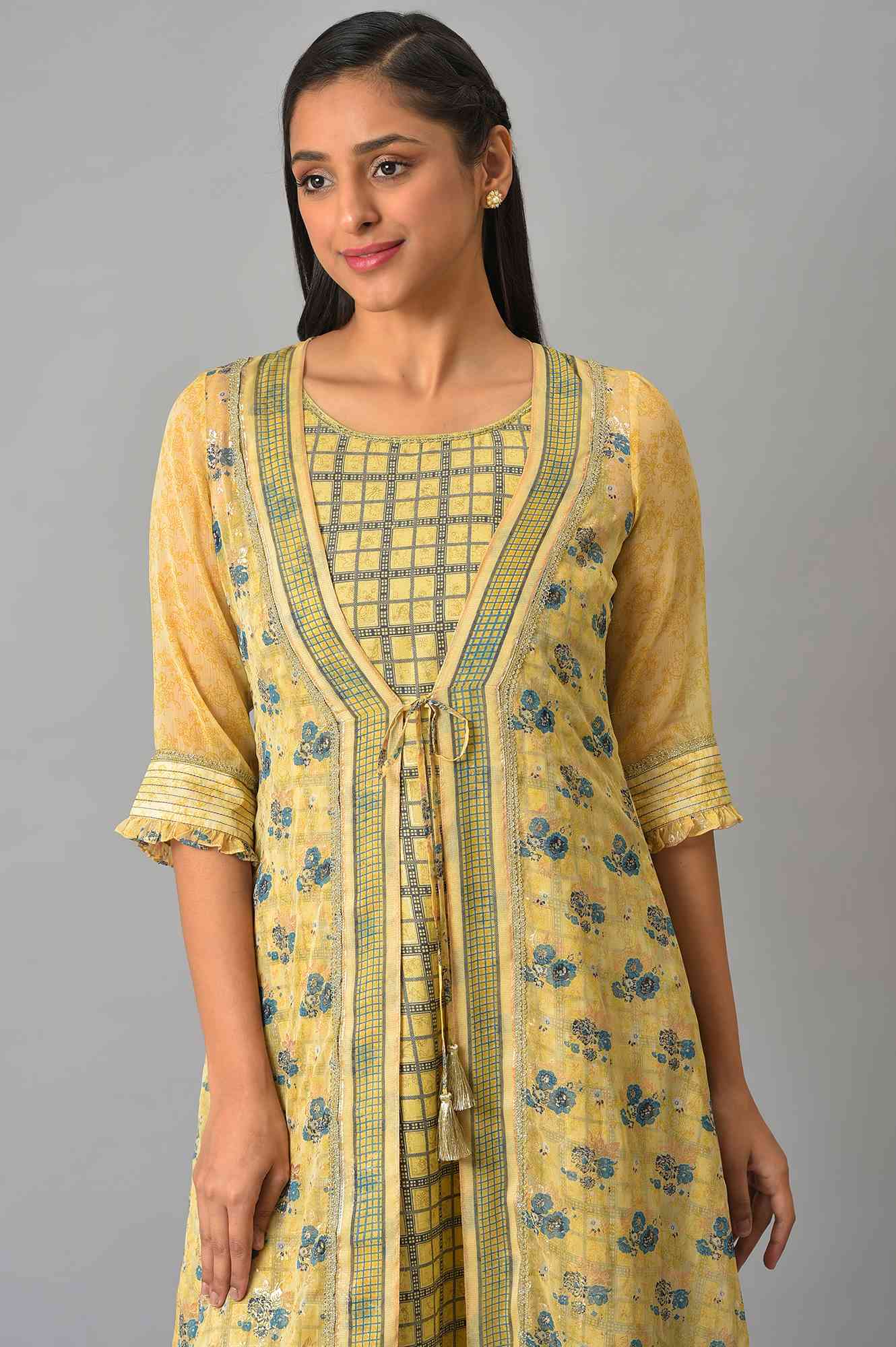 Yellow Sheer Gilet With Printed Sleeveless Inner Dress - Image 5