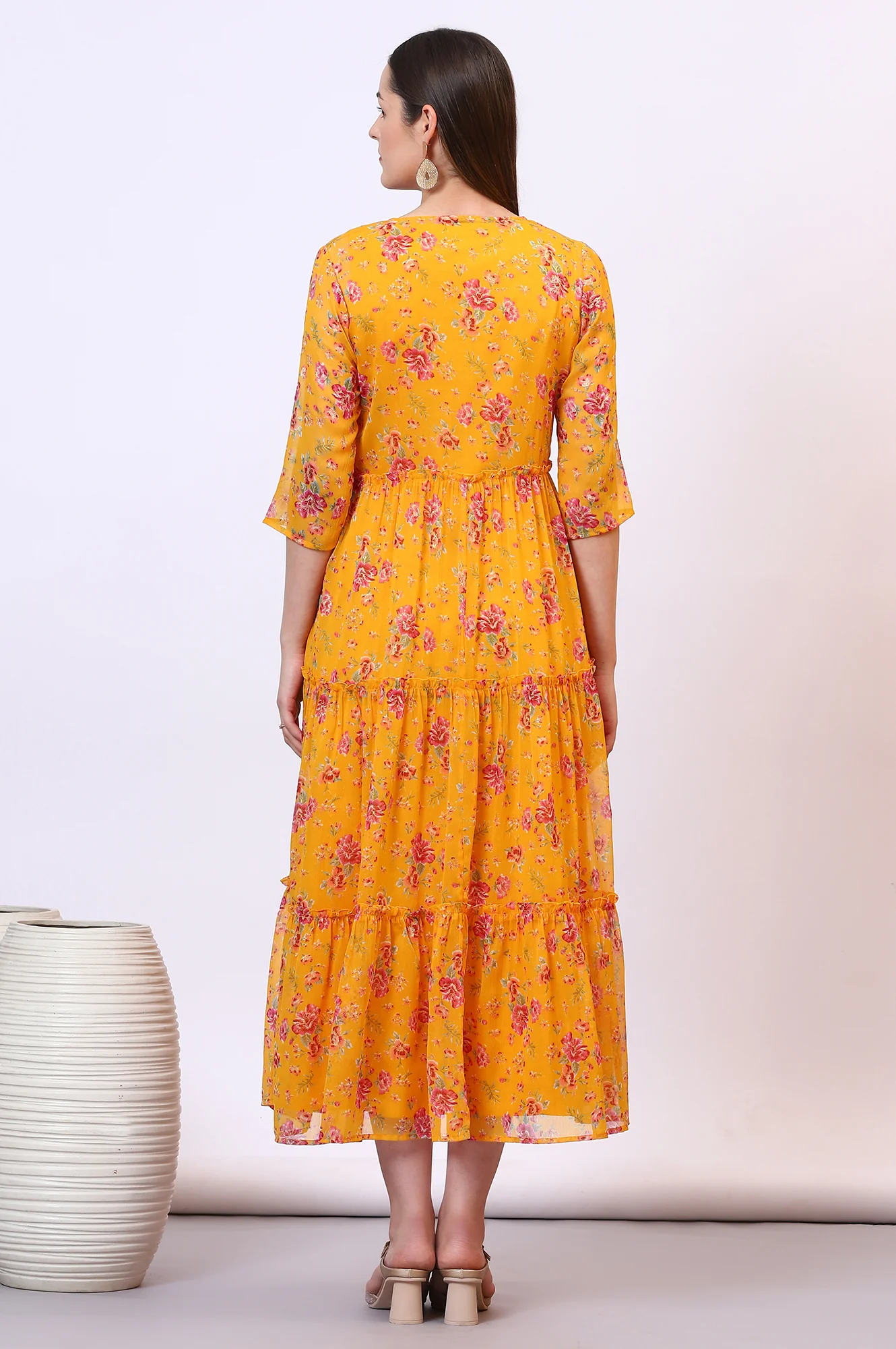 Yellow Solid Cotton Blend A-line Dress and Floral Printed Gilet - Image 6