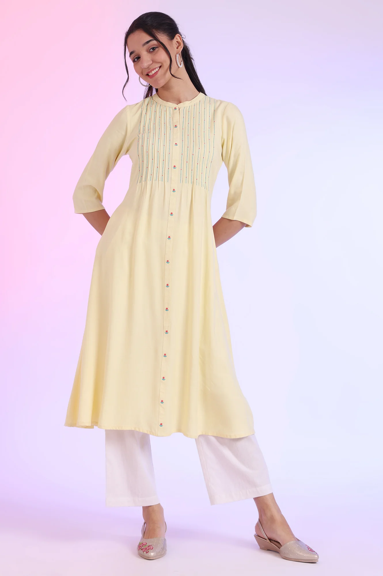 Yellow Solid A-Line Rayon Kurta - Image 3