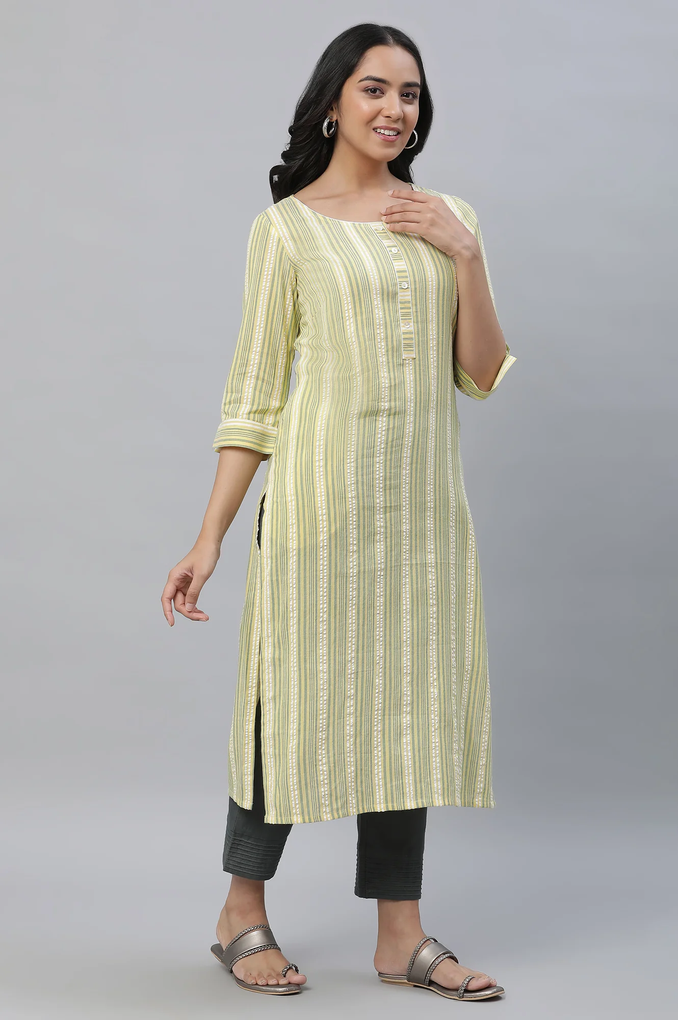 Yellow Stripe Printed Textured Cotton Kurta - Image 4