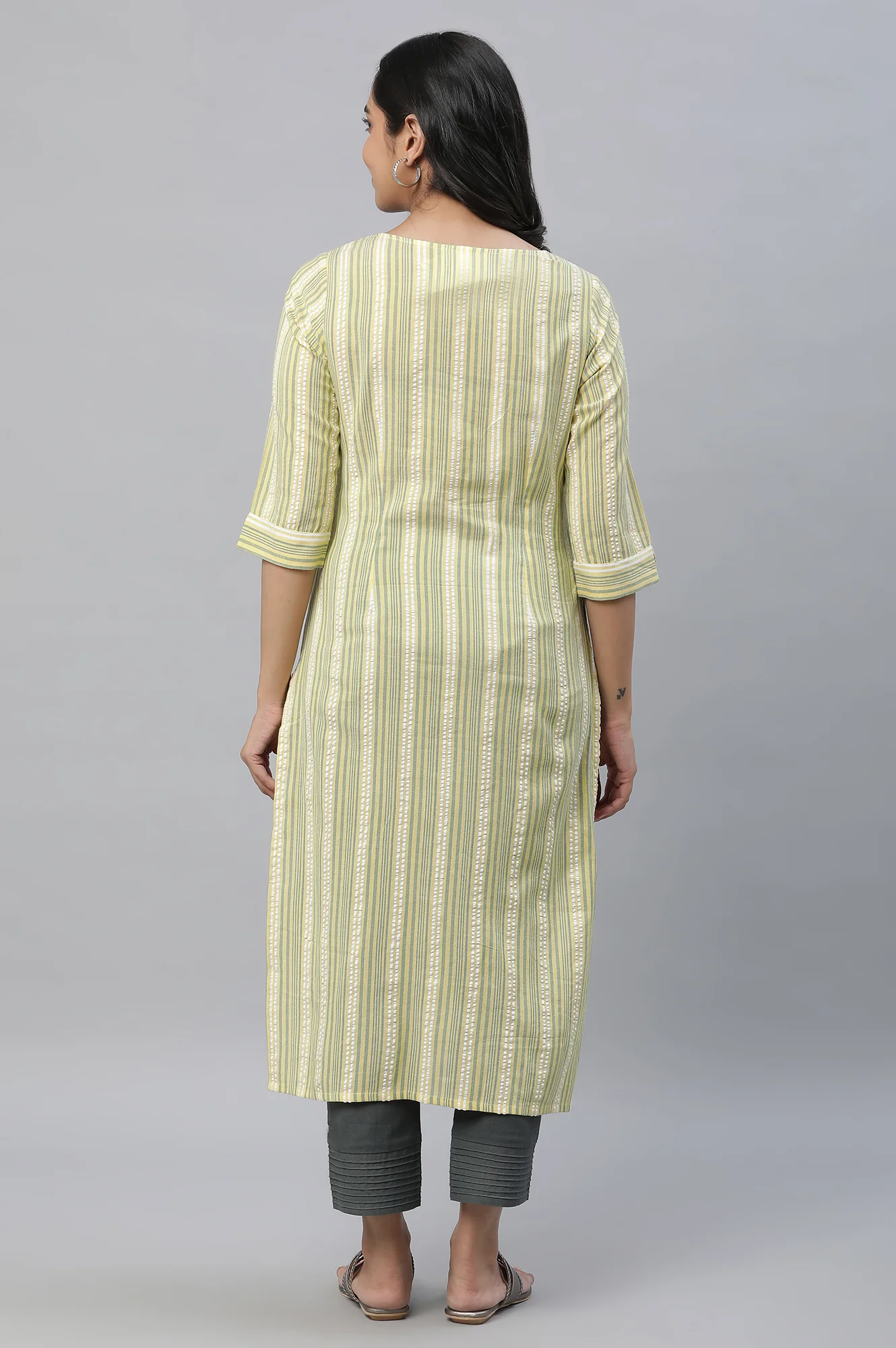 Yellow Stripe Printed Textured Cotton Kurta - Image 3