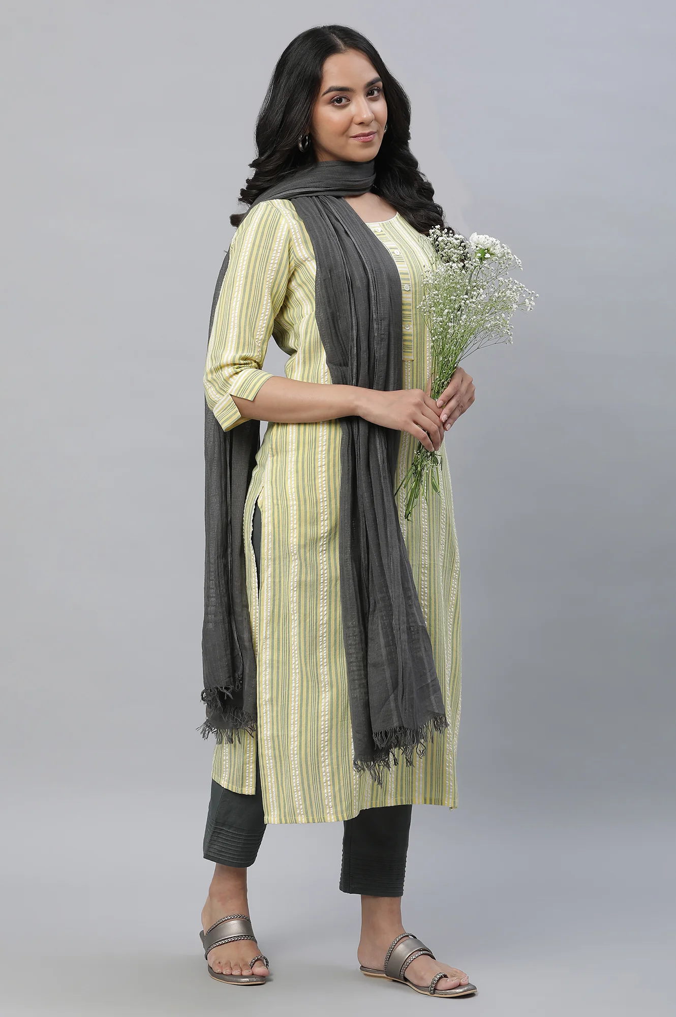 Yellow Stripe Printed Textured Cotton Kurta - Image 5