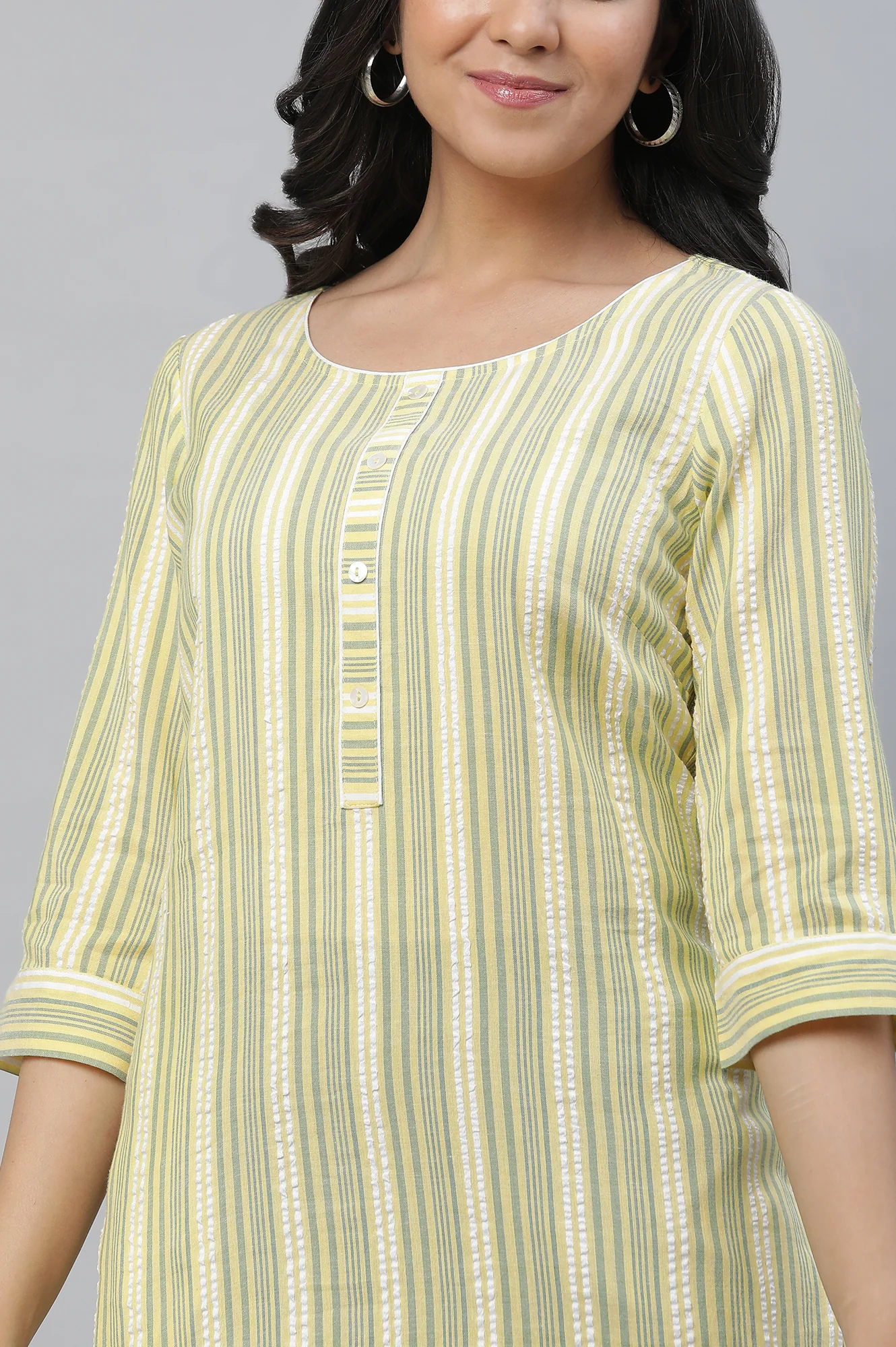 Yellow Stripe Printed Textured Cotton Kurta - Image 6