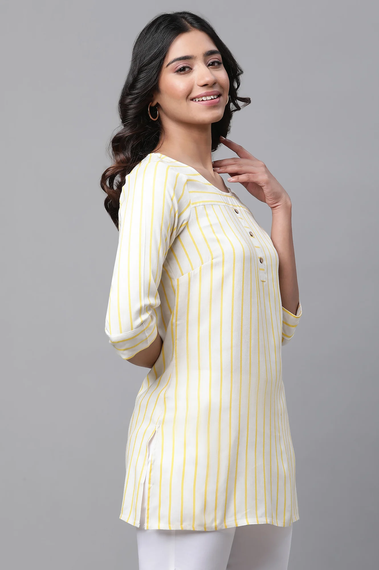 Yellow Stripe Printed Short Kurti - Image 4