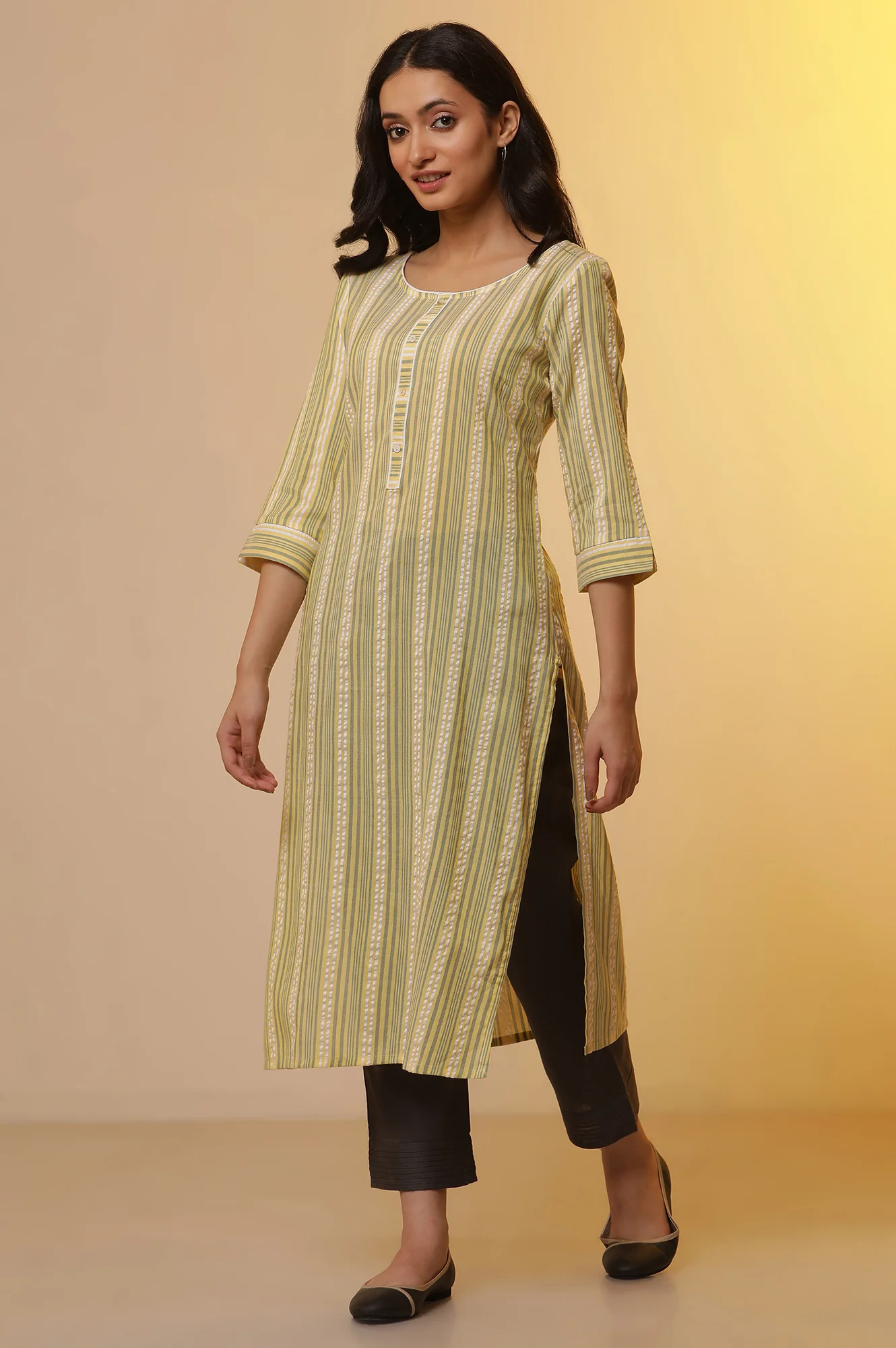 Yellow Striped Straight Kurta, Trousers and Dupatta Set - Image 3