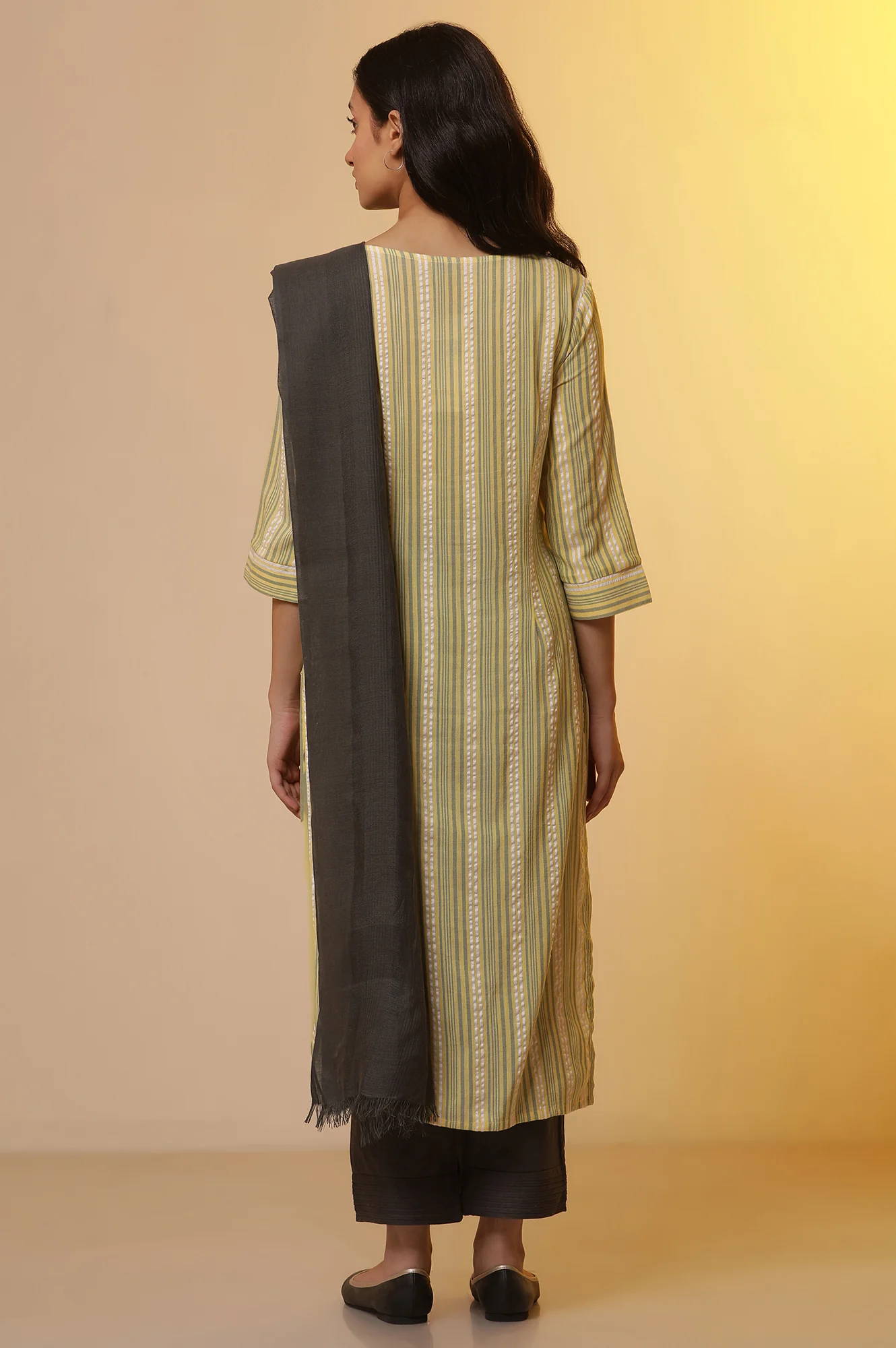 Yellow Striped Straight Kurta, Trousers and Dupatta Set - Image 4