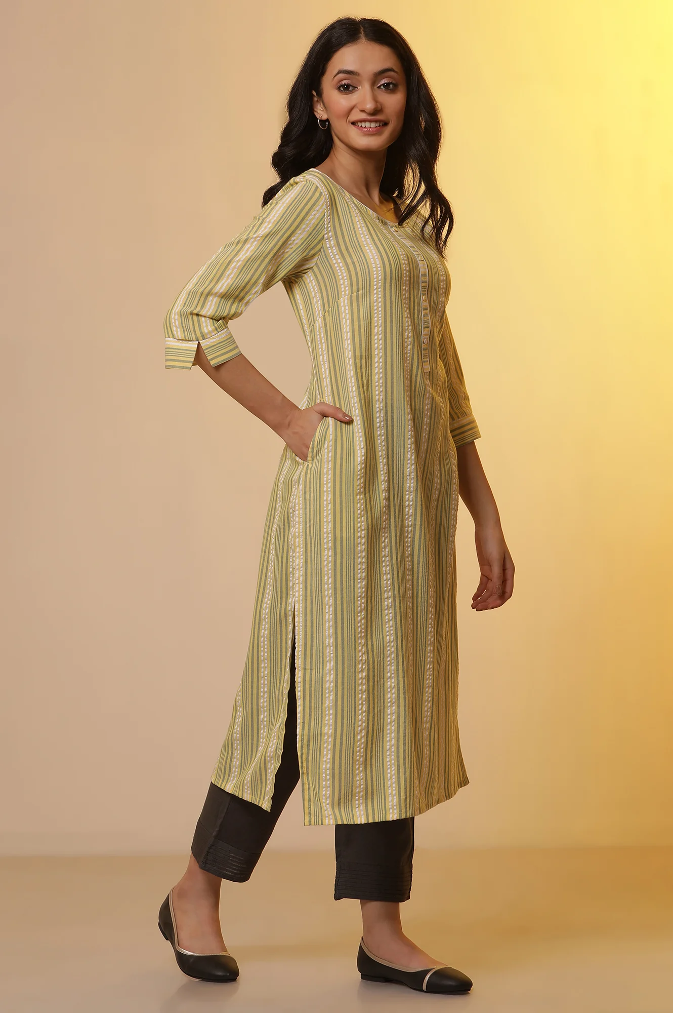 Yellow Striped Straight Kurta, Trousers and Dupatta Set - Image 5